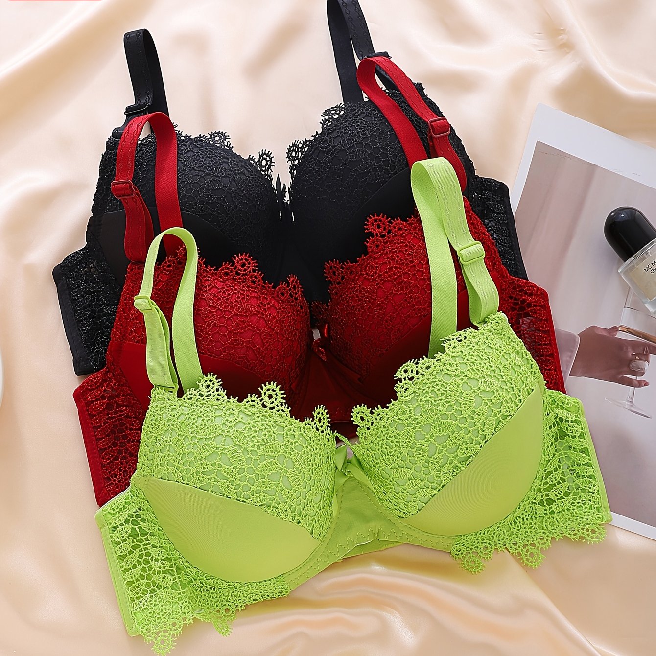 Set Of 3 Luxurious And Elegant Women's Bras In Solid Colors, Designed For And Support