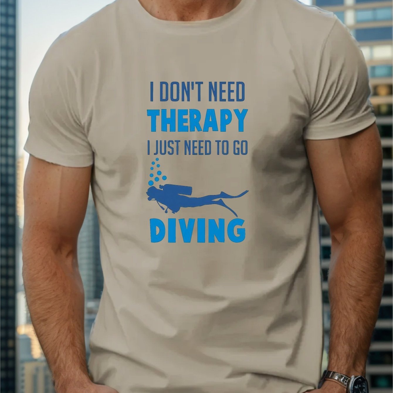 TEMU Therapy Diving Print Short Sleeve T-shirt For Male, Comfy Elastic Crew Neck Top, Men's Clothing For Summer Daily Wear & Workout