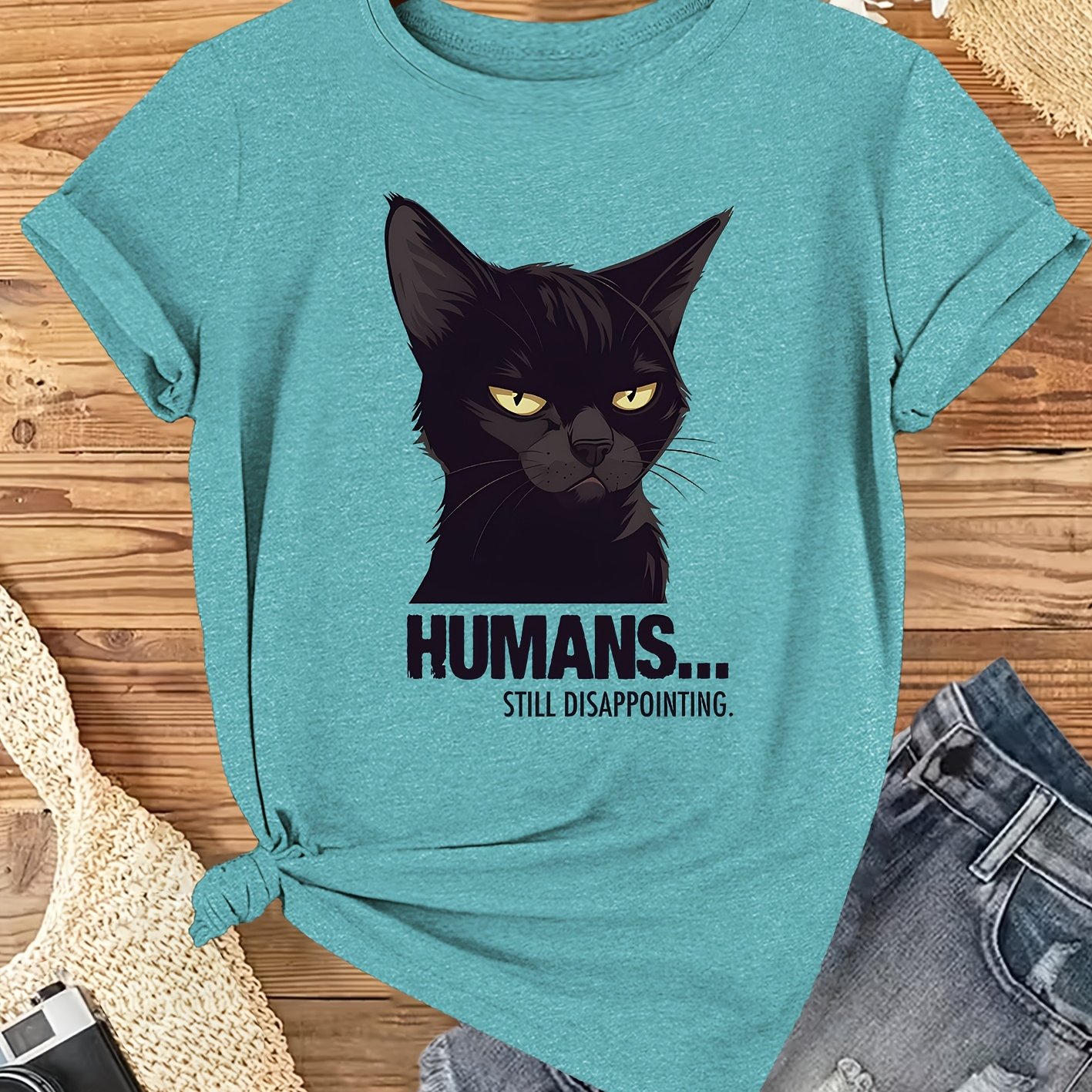 TEMU Women's Funny Disappointing Humans Sarcasm Cat Tee - Humans Still Disappointing Black Shirt With Feline Print, Soft Round Neck Short Sleeve