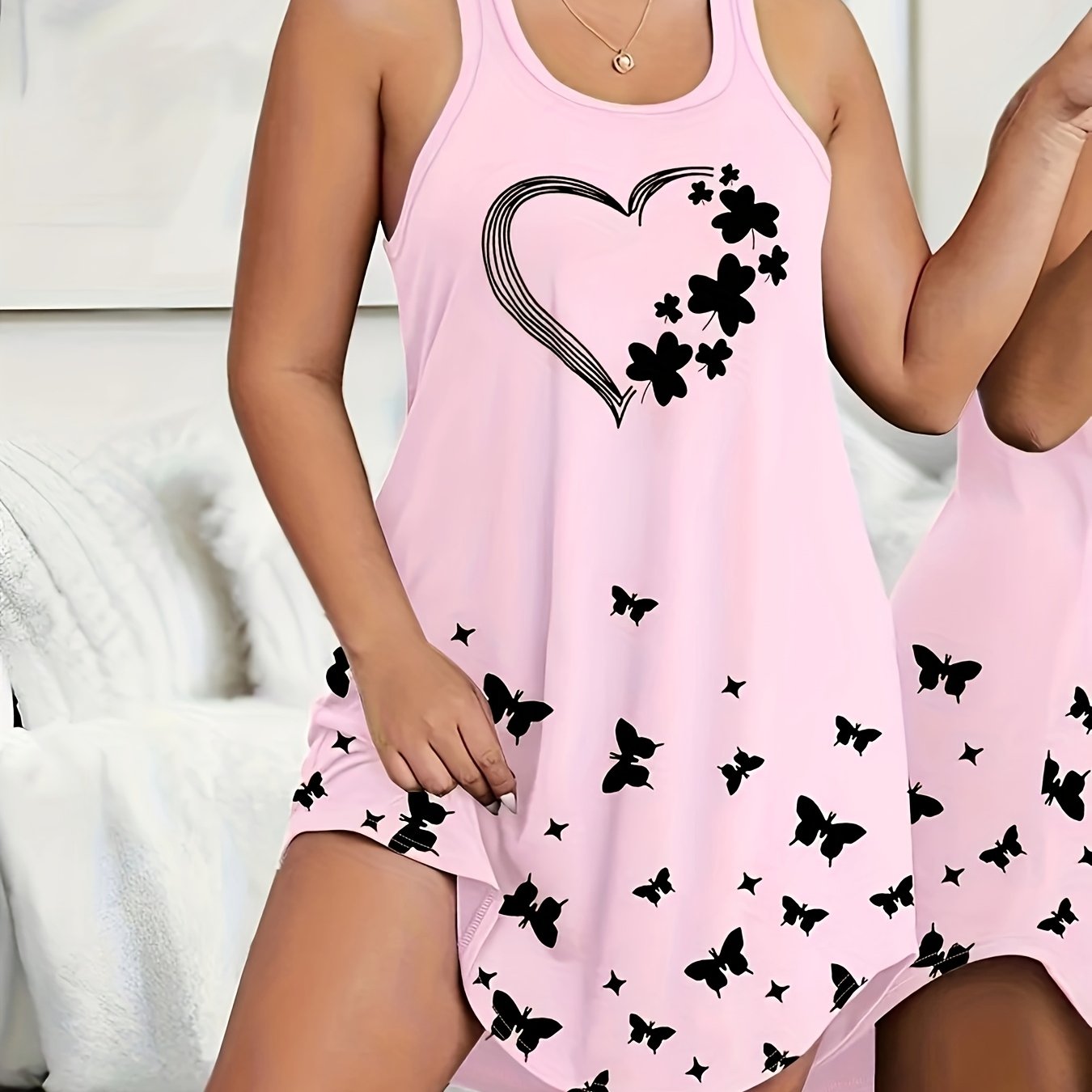 E-shop Damen Casual Schlafanzug, Verlaufender Schmetterlingsdruck Rundhals Kurzarm Nachtkleid, Kühle Frühlings-Sommer Loungewear