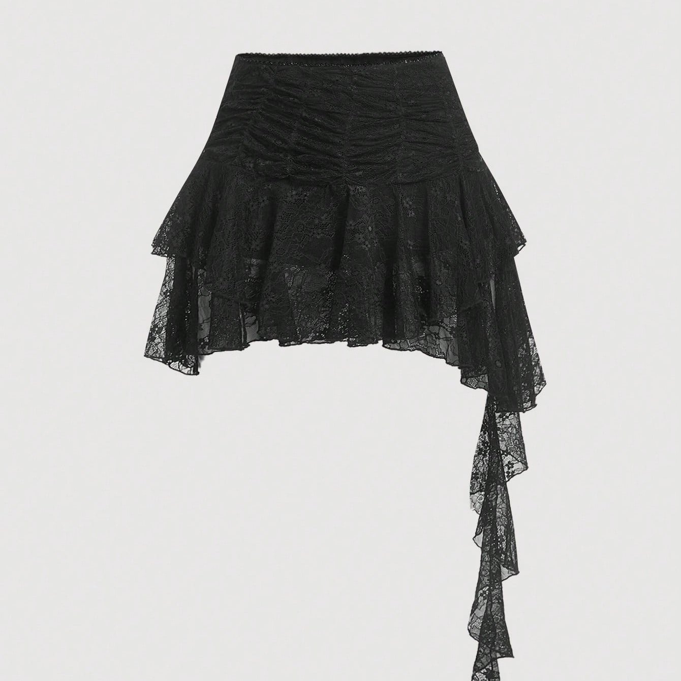 TEMU Fashionable Women's Lace Skirt With Flowing Lace Fringe, Asymmetrical Ruffle Hem, Low-waist, Ethereal And Short Skirt