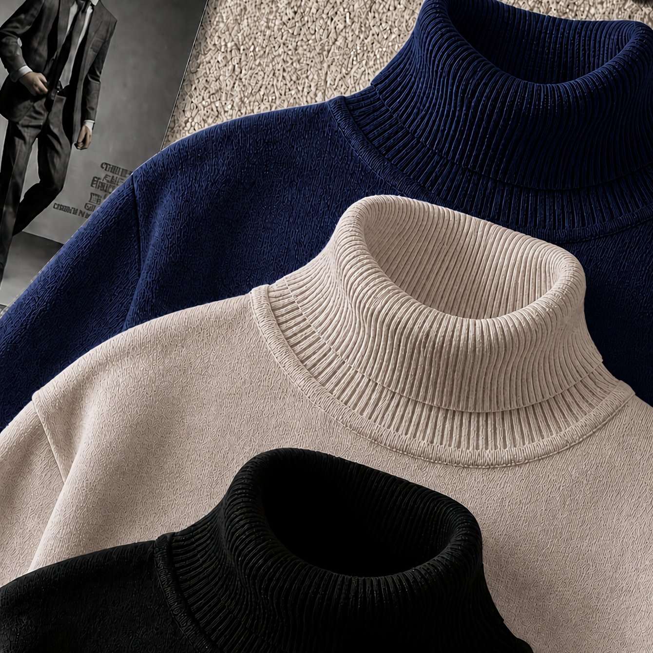 TEMU 3-delige set verdikte trui met hoge hals en voering - Heren pullover met coltrui voor herfst/winter, casual streetstyle, comfortabele