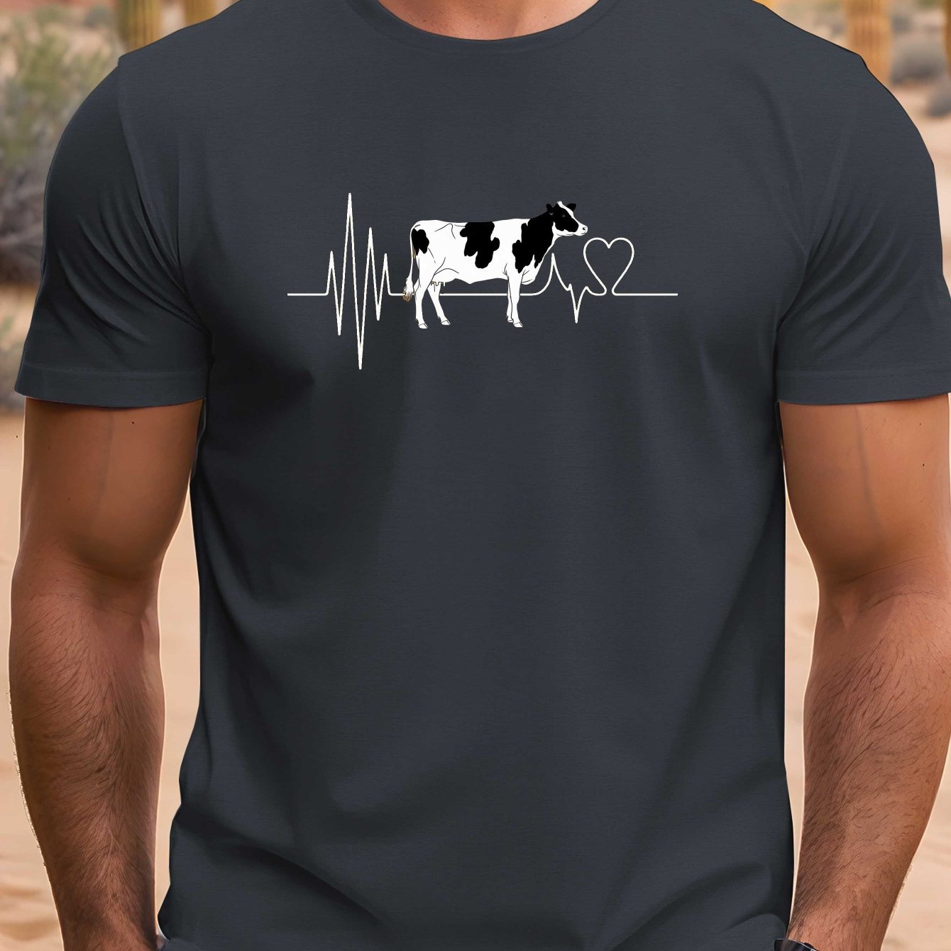 TEMU Men's Short-sleeve Tee Featuring A Cow Ecg Heartbeat Design, Perfect For A Casual And Comfortable Summer Outfit