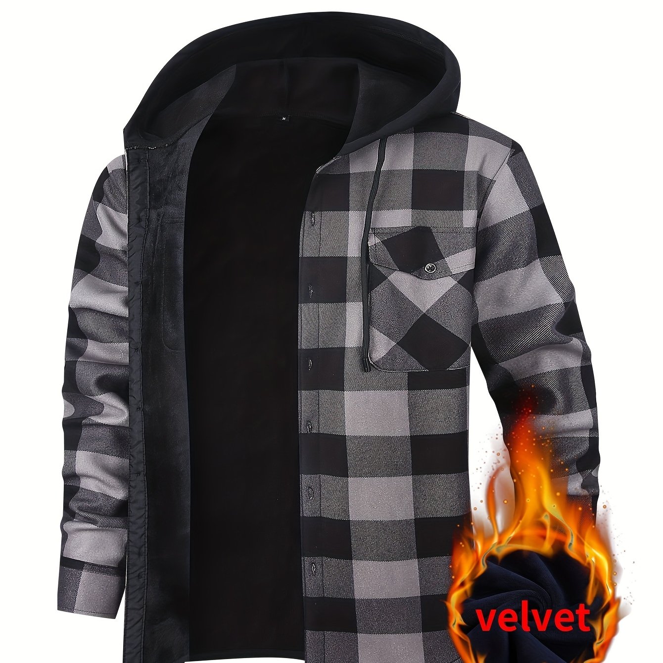 TEMU Men's Lumberjack Flannel Shirt Winter Work Hoodie With Pockets - Flannel Hooded Shirt, Warm Padded Jacket