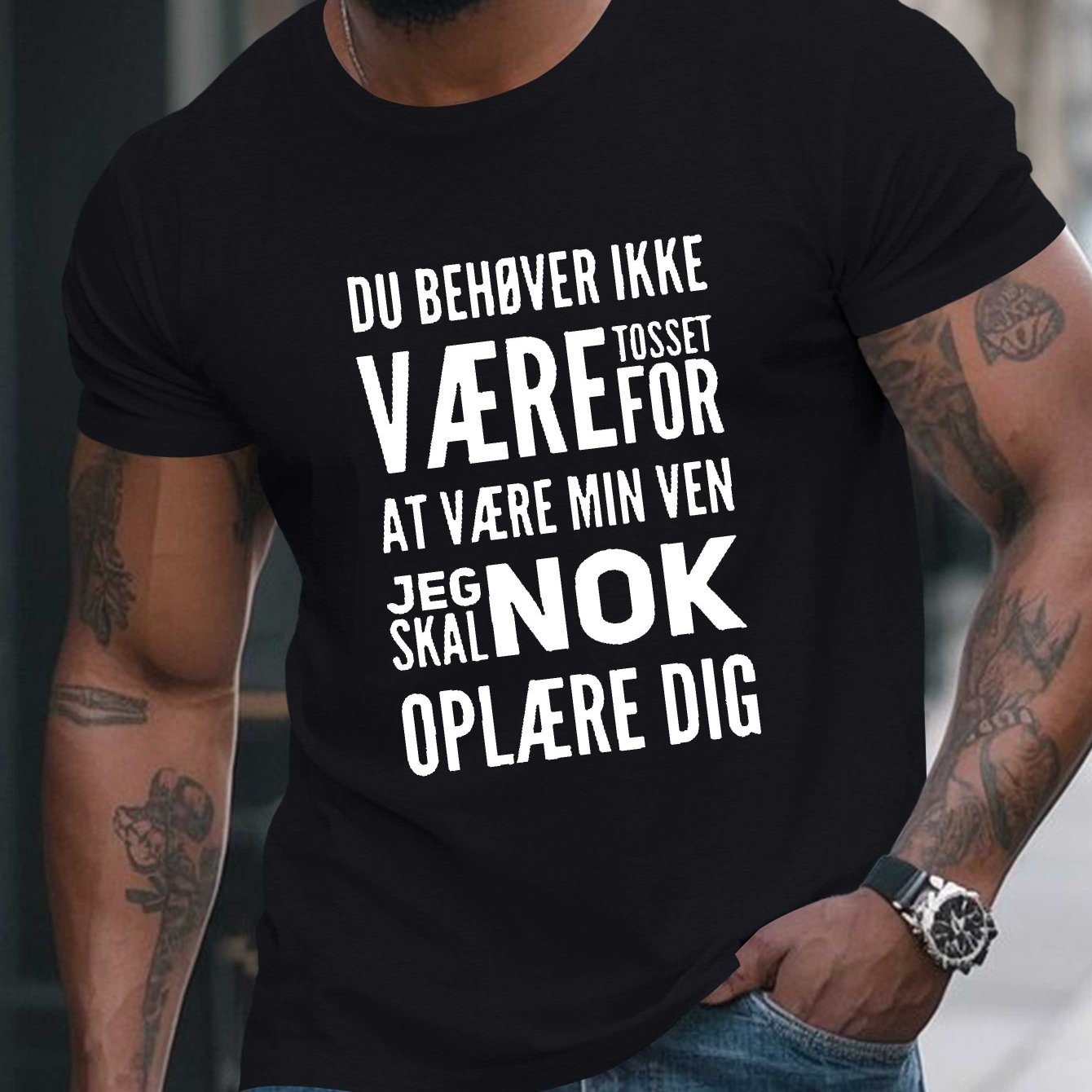 TEMU Casual Summer T-shirt For Larger Men Featuring Humorous Danish Sayings, Wear With A Trendy Graphic Print, Plus Size