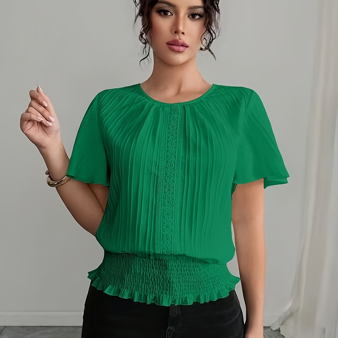TEMU Spring/summer Wave Stripe Round Neck Lace Trim Shirred Top