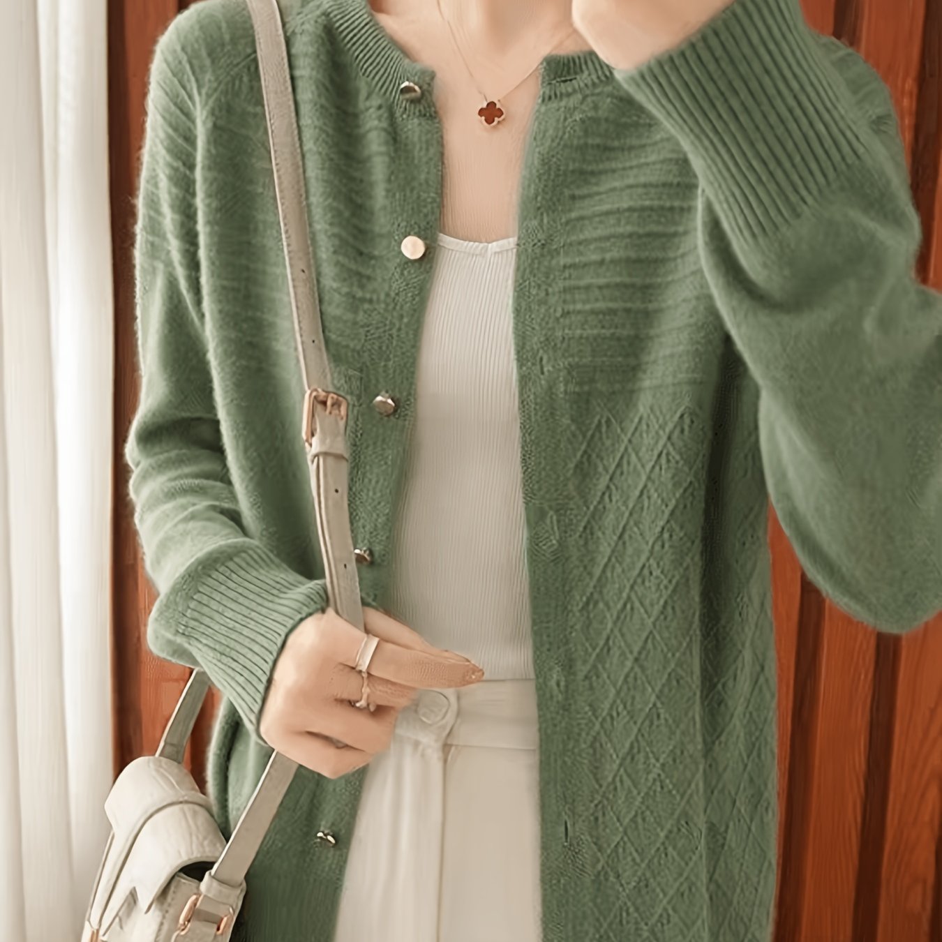 TEMU Women's Wool Cardigan, /autumn Korean Style Loose Base Layer Wool Sweater Outerwear, Solid Color Long Sleeve Top, Trendy