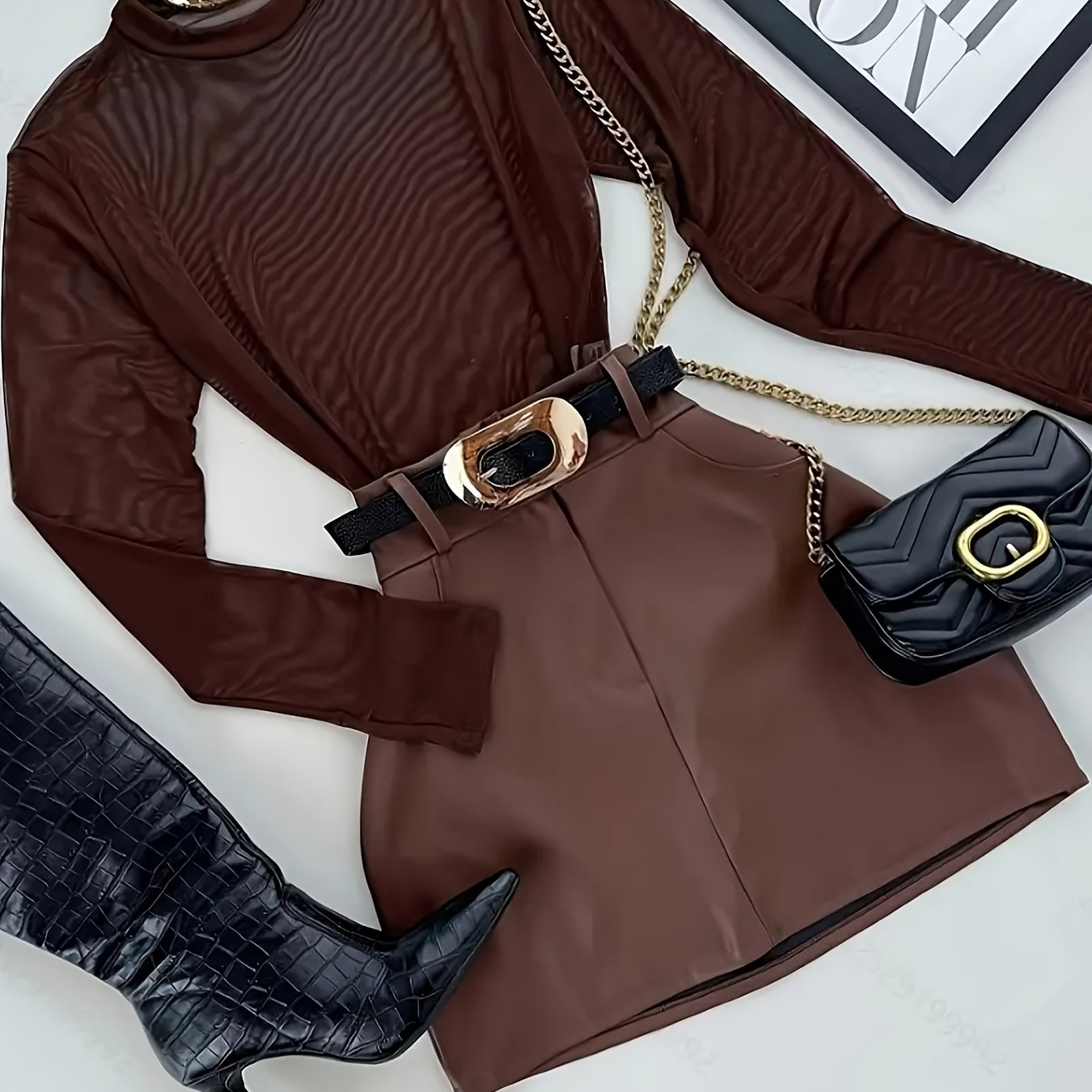 Elegant And Versatile Semi-sheer Mesh Long-sleeved T-shirt + Hip-hugging Short Skirt Set (excluding Belt)