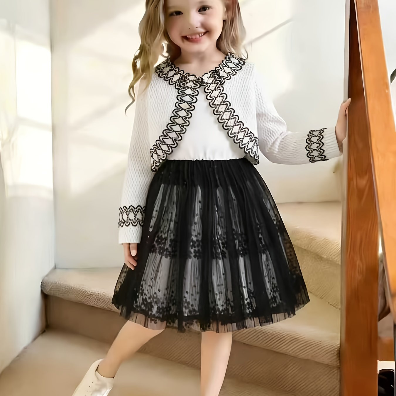 Image of Girls' Spring Autumn Season Fashion 2pcs Lace Embroidered Vest Net Lace Mixed Pleated Skirt And Embroidered Lace Trim Cardigan Top For Daily Casual Outdoor Festival Party Clothes