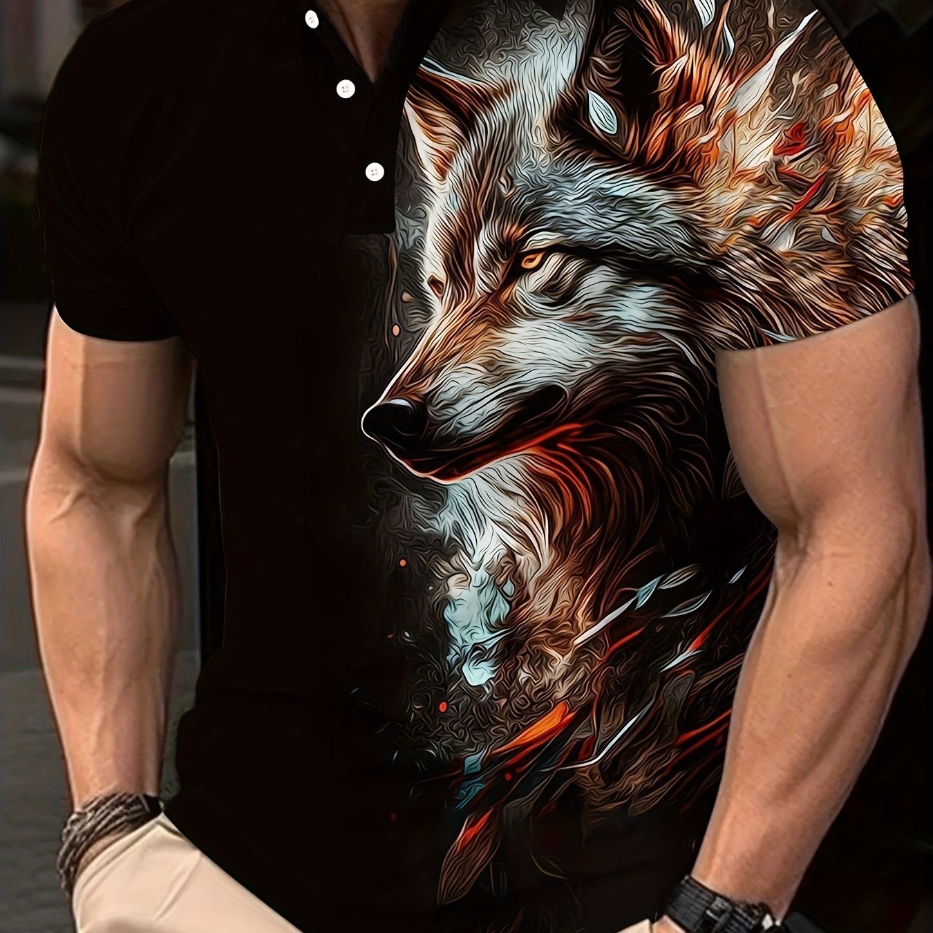 TEMU Men's Casual Wolf Pattern Lapel 1/4 Button Short Sleeve Shirt For Men's Fitness Training