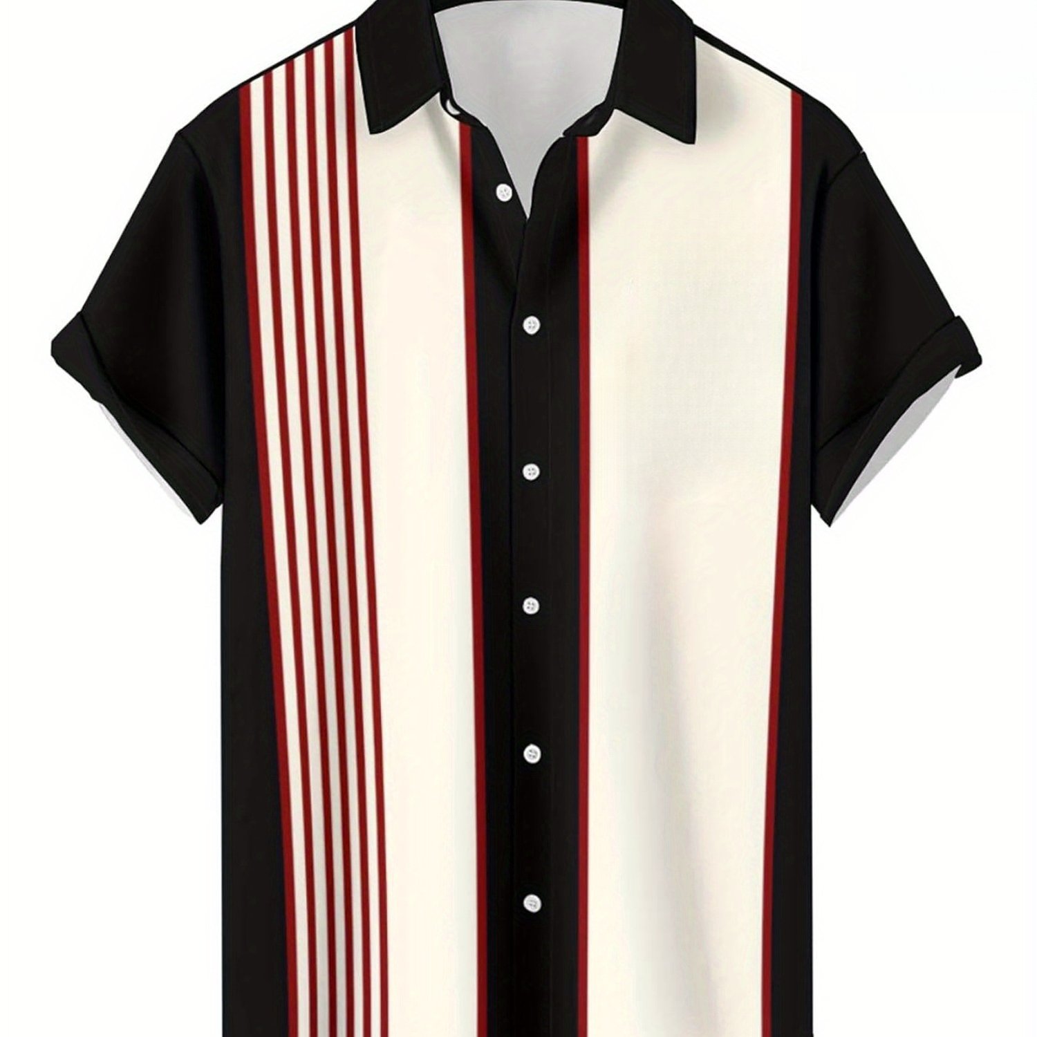 TEMU Men's Vintage Bowling Shirt Button-up Short-sleeve Top - Retro Bowling & Design Collar, Lightweight Summer Beachwear Suitable For Casual