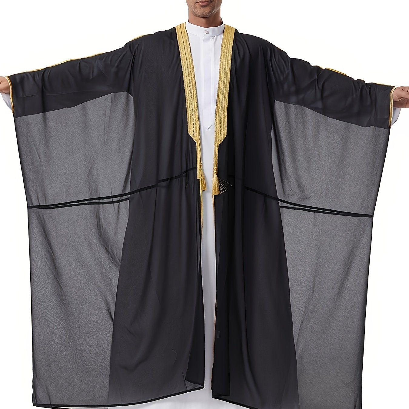 Th844 Men's Long Sleeve Open Cardigan Robe, Arab Middle Eastern Saudi Men's Embroidered Lace Tassel Chiffon Outer Wrap, Tassel Long Shirt