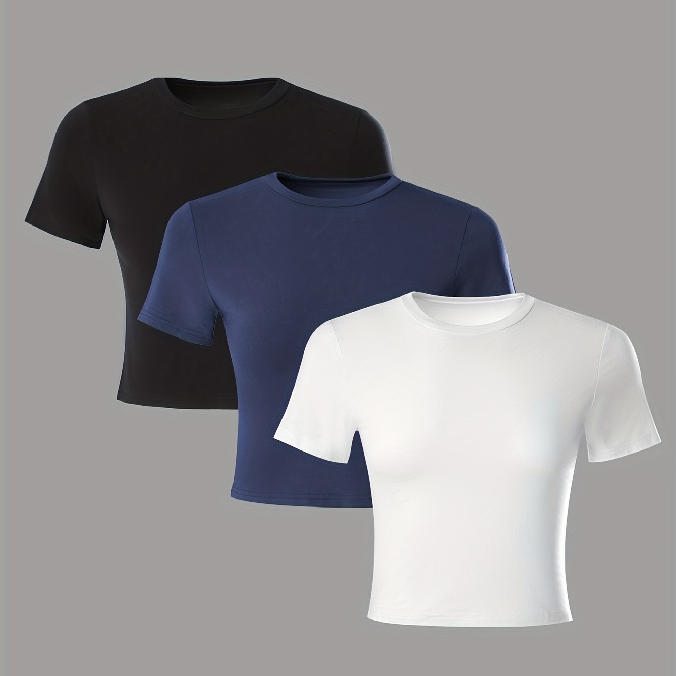 Image of 3pcs Summer New Solid Color Round Neck Short Sleeve Set Tops For Women