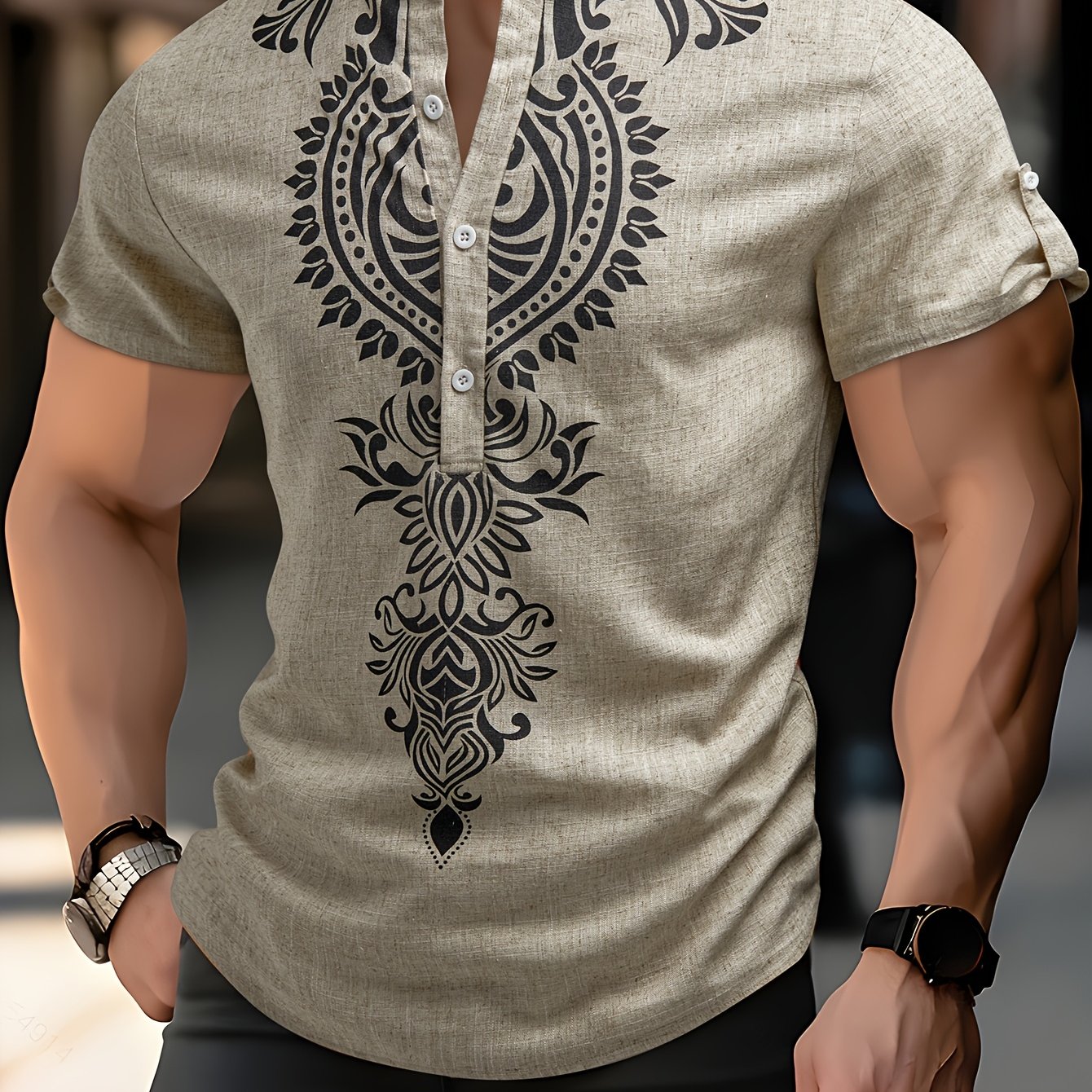 Image of Summer Men's Textured Bamboo Rayon Rayon Linen Blend Ethnic Pattern Classic Henley Collar Armband Outdoor Casual Short-sleeved Shirt