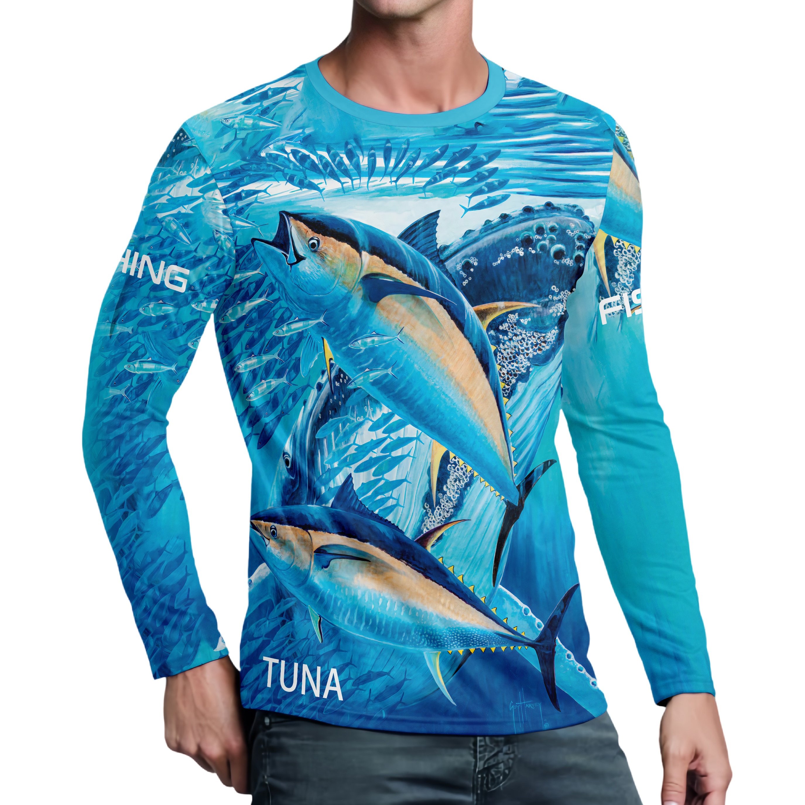 TEMU Men's Long Sleeve Rash Guard Shirt, Polyester 100%, Crew Neck, All Over Fish Print, Moisture Wicking , Medium Stretch, Machine Washable, Ideal