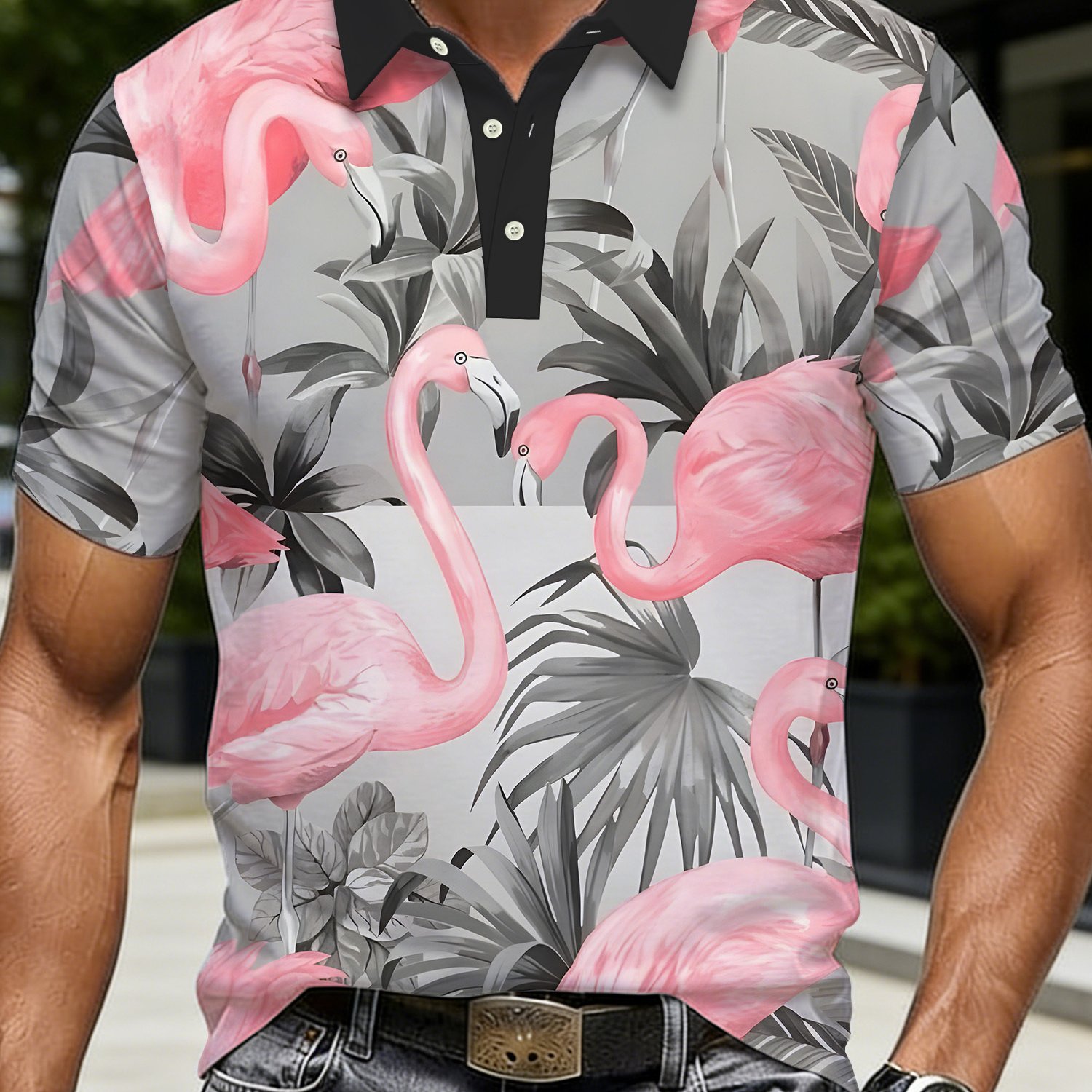 TEMU Men's Gray Shirt With Pink Flamingo Print, Golf Shirt, Men's T-shirt