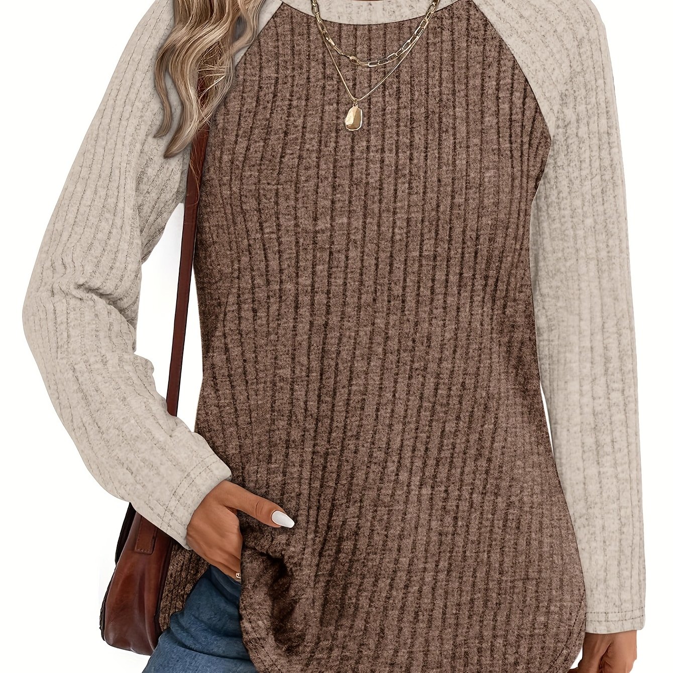 TEMU Women's Long Sleeve Shirt, Autumn/winter Pullover, Lightweight Casual Loose , Fashionable Thin Crew Neck Color Block Pullover
