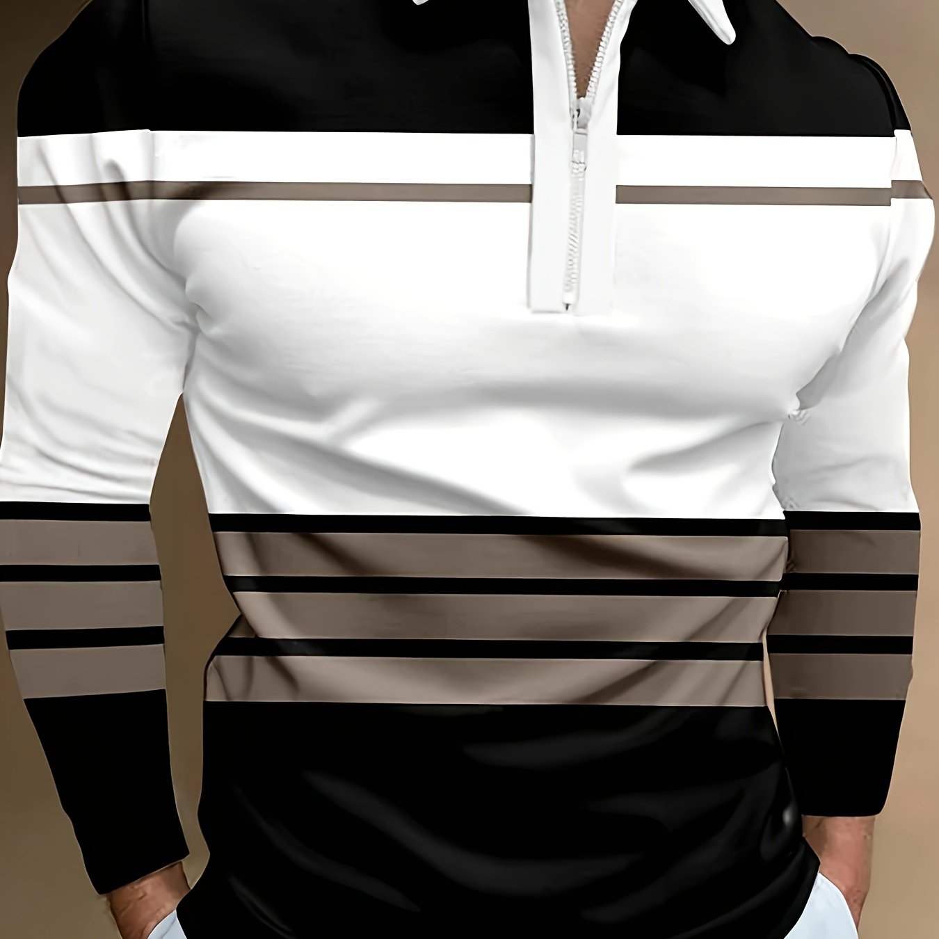 TEMU Men's Long Sleeved Zipper Collar Shirt Striped Fashion Spring And Autumn Shirt Collar