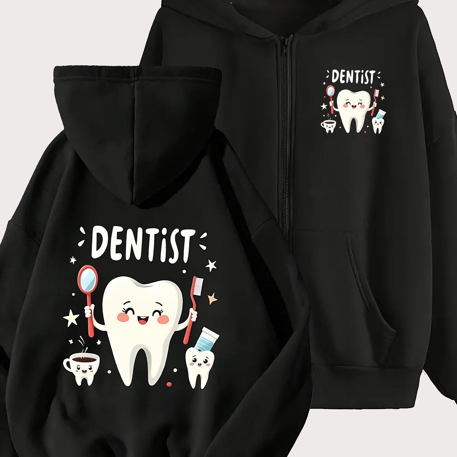 TEMU Women's Letter Dentist Cartoon Pattern Zip-up Hoodie, Casual Pullover With Front Pocket, Machine Washable Fiber, , Cute Sweatshirt