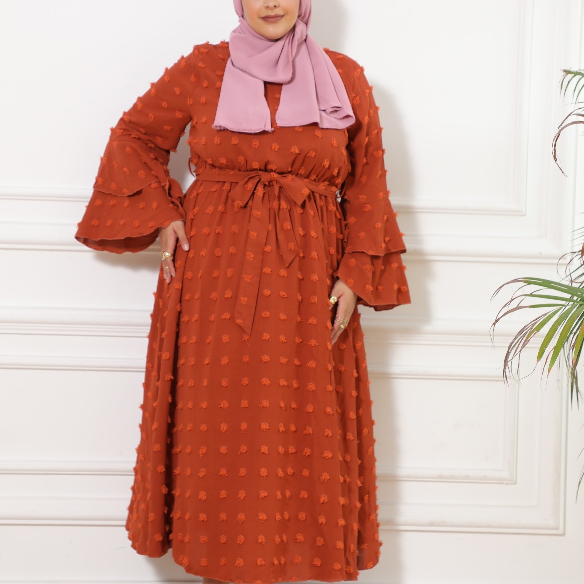 ramadan plus size casual modest dress womens plus solid swiss dot bell sleeve v neck maxi dress with without hijab