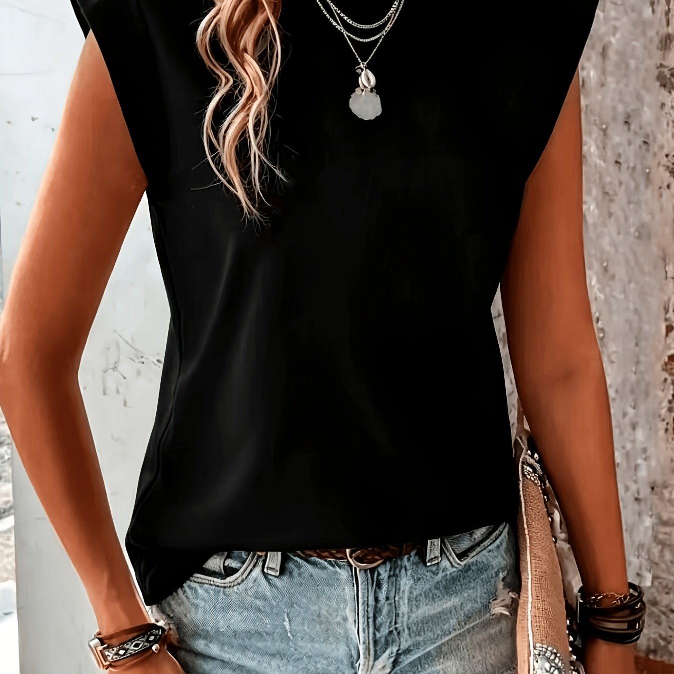 TEMU Temperament Solid Color Sleeveless Top, Shoulder Pad Design Casual Leisure T-shirt