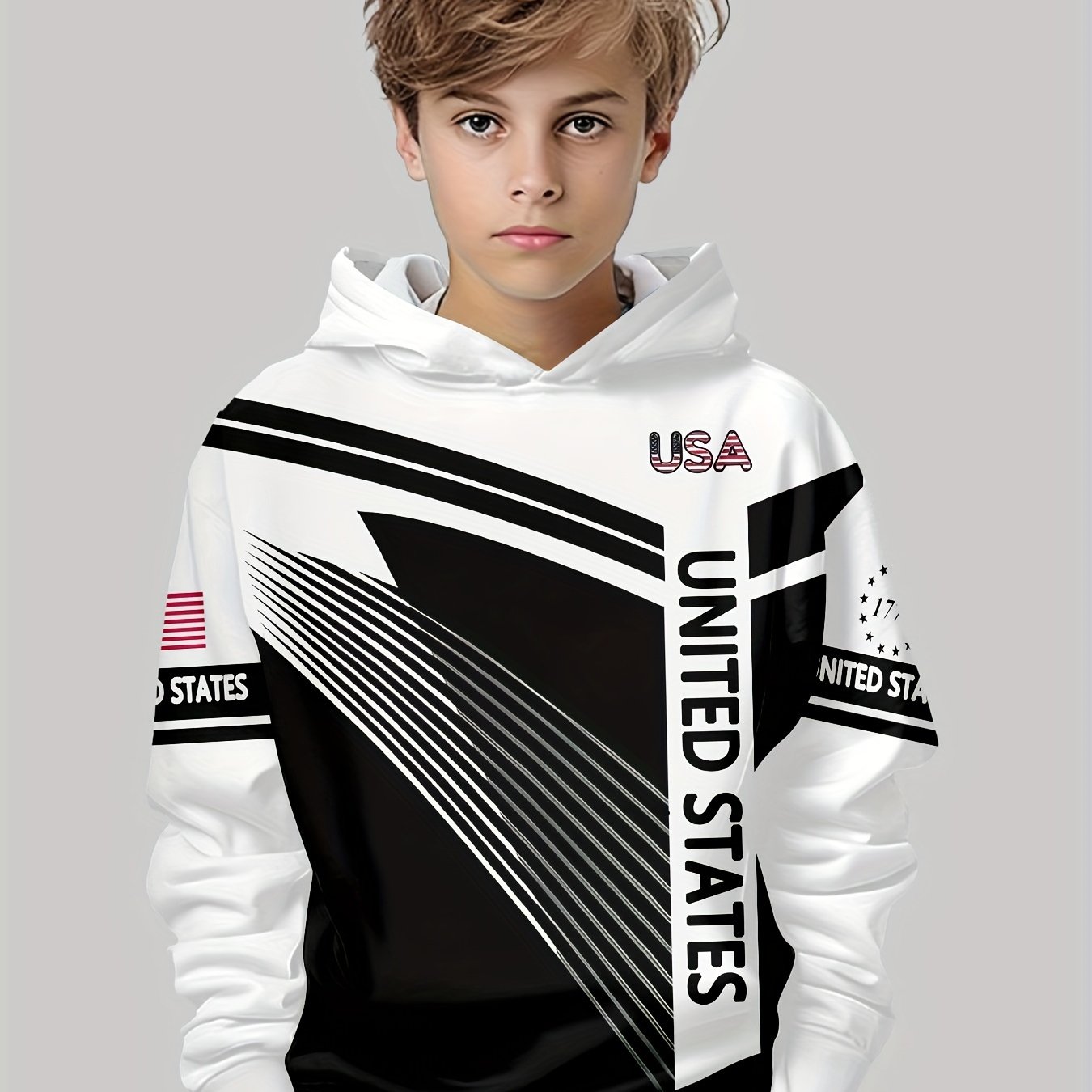 Image of Boys' 3d Printed Casual Pullovers Usa Color Matching Long-sleeved Sweatshirts, Boys' Outdoor Casual Hoodies And Hooded Sweaters