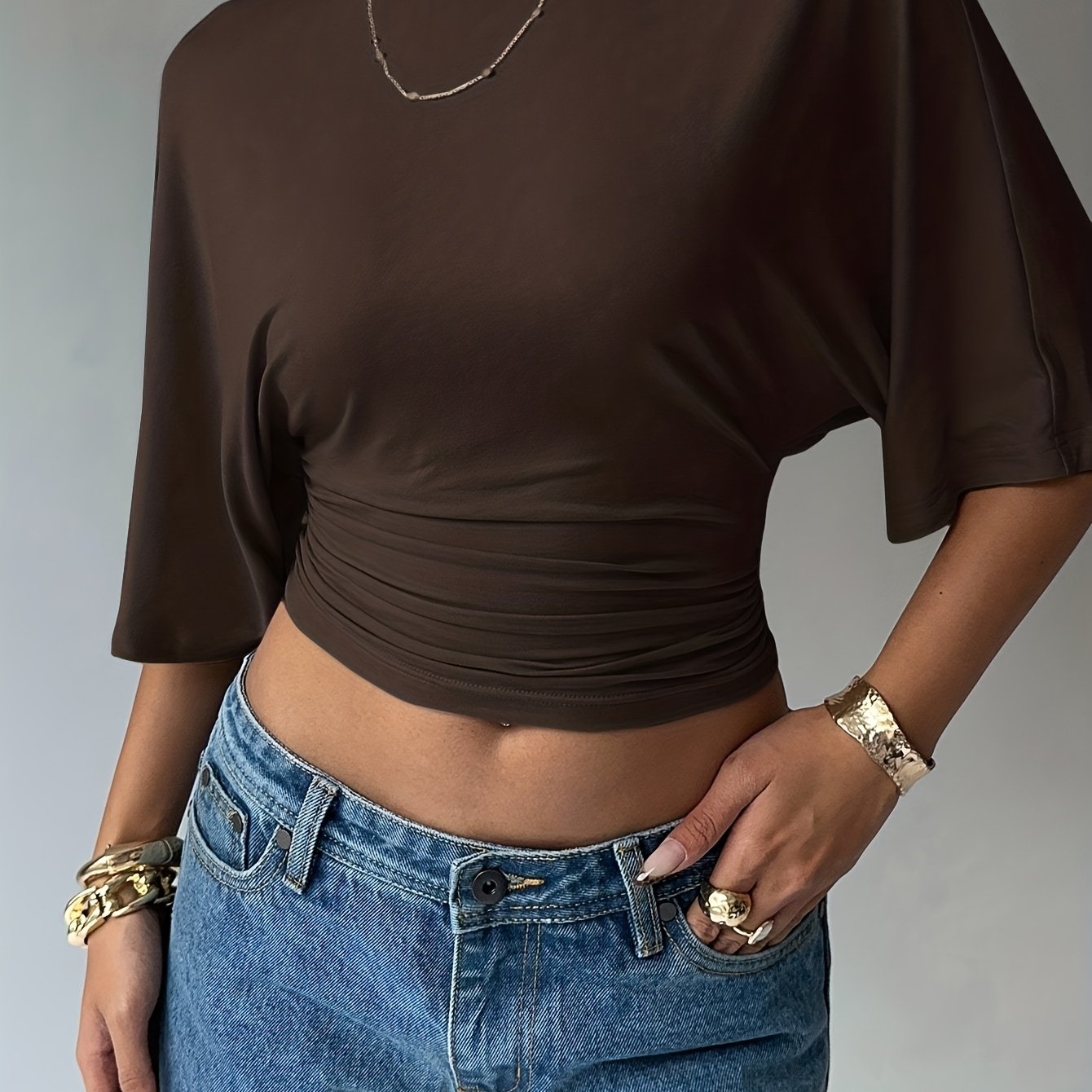 TEMU Basic Round Neck Pleated Waist Short T-shirt