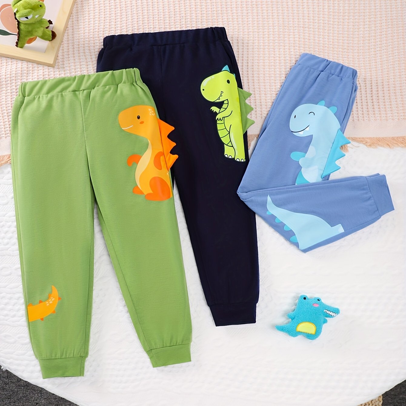 Image of Spring And Summer 3-pack Boys' Casual Comfortable Soft Outdoor Sports Solid Color Dinosaur Print Pants, Perfect For Outdoor,halloween
