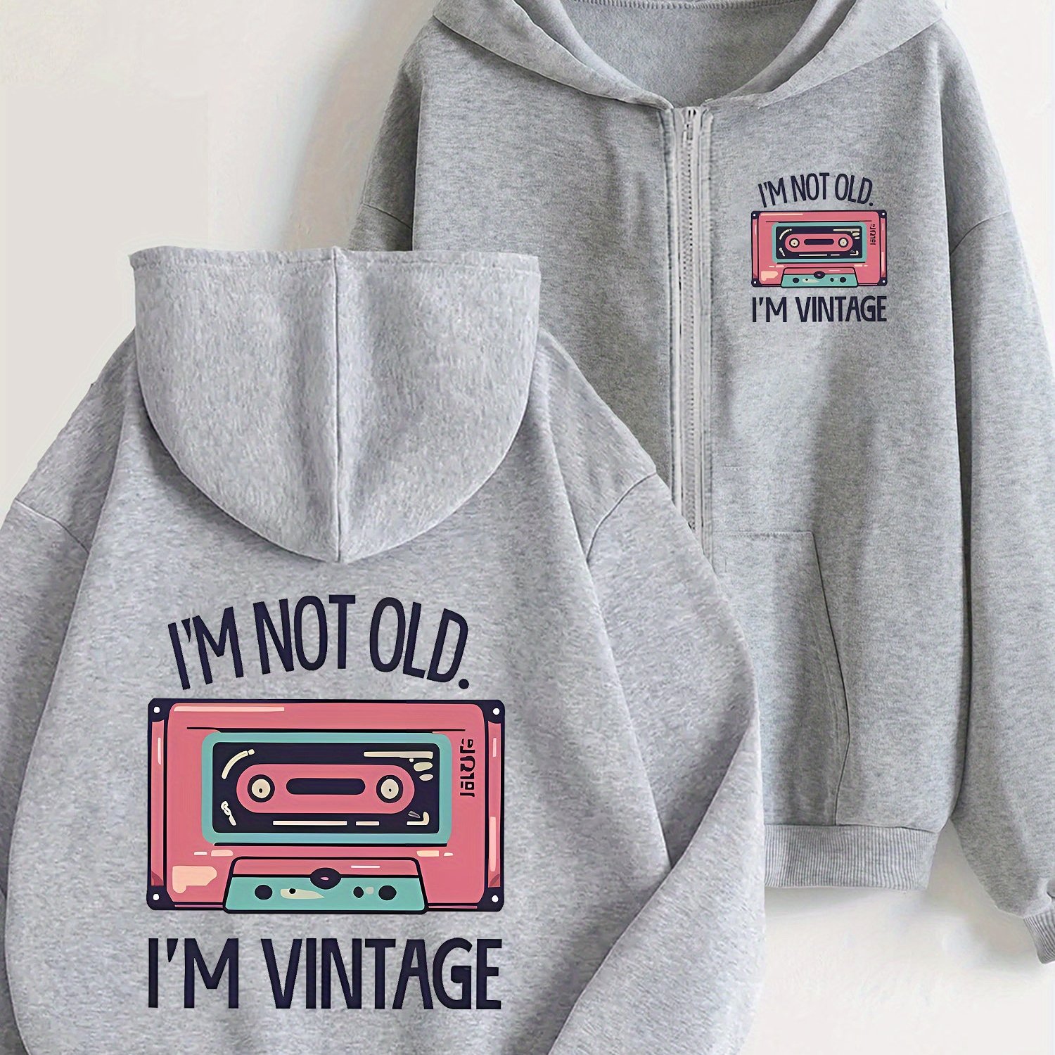 TEMU Women's Full-zip Hooded Jacket - Trendy, Minimalist, And "i M Not Old I M Vintage" Letter Geometric Pattern, Long-sleeve Zip-up Sweatshirt,