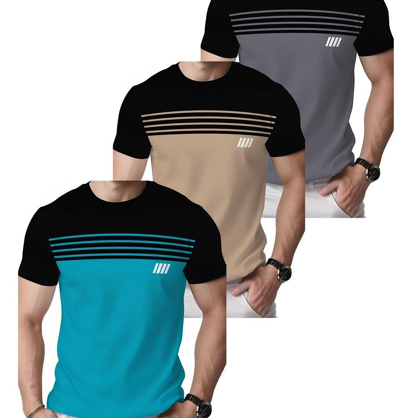 TEMU 3pcs Mixed-print Pattern Short-sleeved Men'-light Round-neck T-shirts - Breathable, Sweat-absorbing Shirts, Summer Casual Men's Short-sleeves,