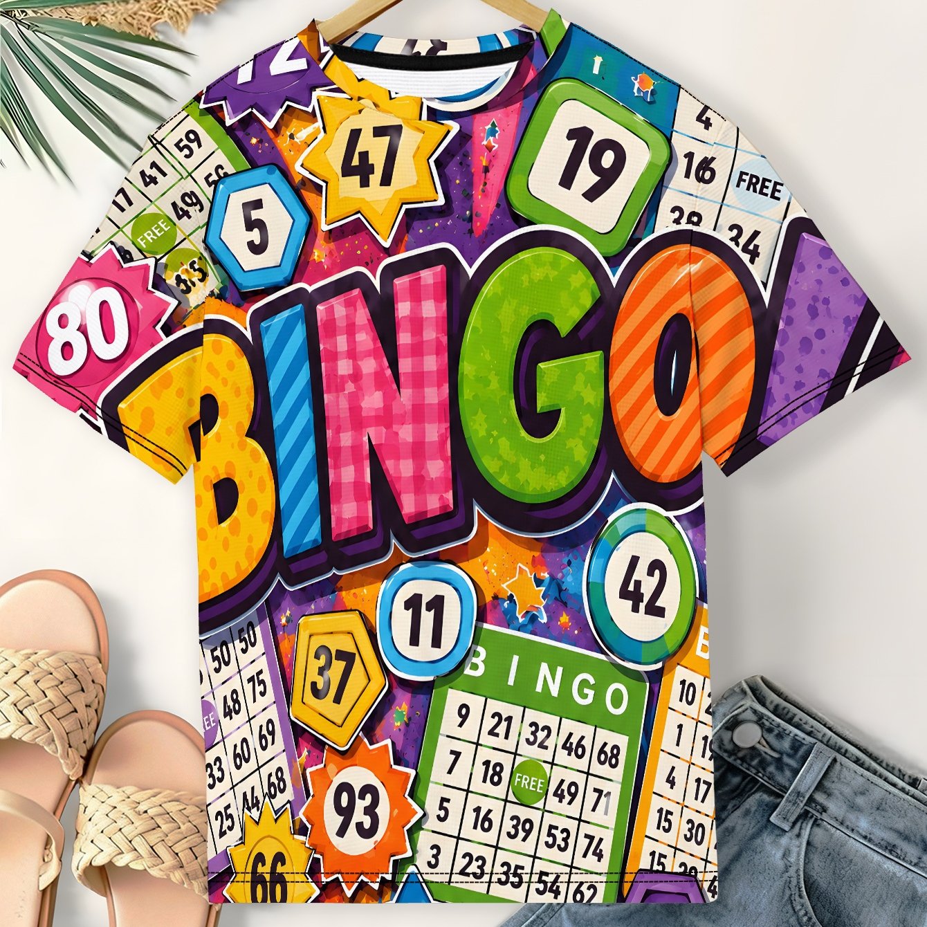 TEMU Colorful Bingo Women's Plus Size Casual Print Round Neck Short Sleeve T-shirt, Daily Tees