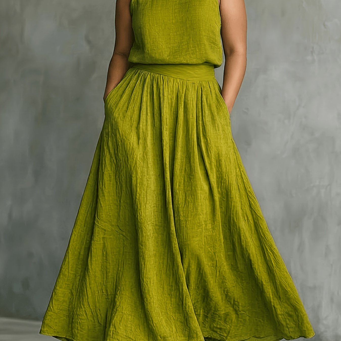 TEMU Plus Size, Plus-size Olive Green Sleeveless Top + Wide-leg Maxi Skirt Women's Set | Sophisticated Casual Lazy For Plus-size Casual & Vacation