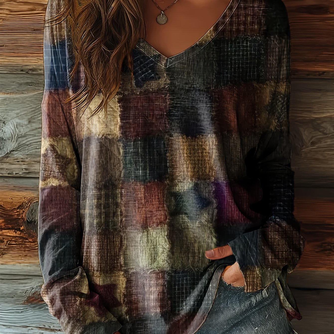 TEMU ' Retro Plaid V-neck Long Sleeve T-shirt - Soft Warm Casual Top Suitable For Daily Commuting & Winter Outfits, Classic Grid Print, Machine