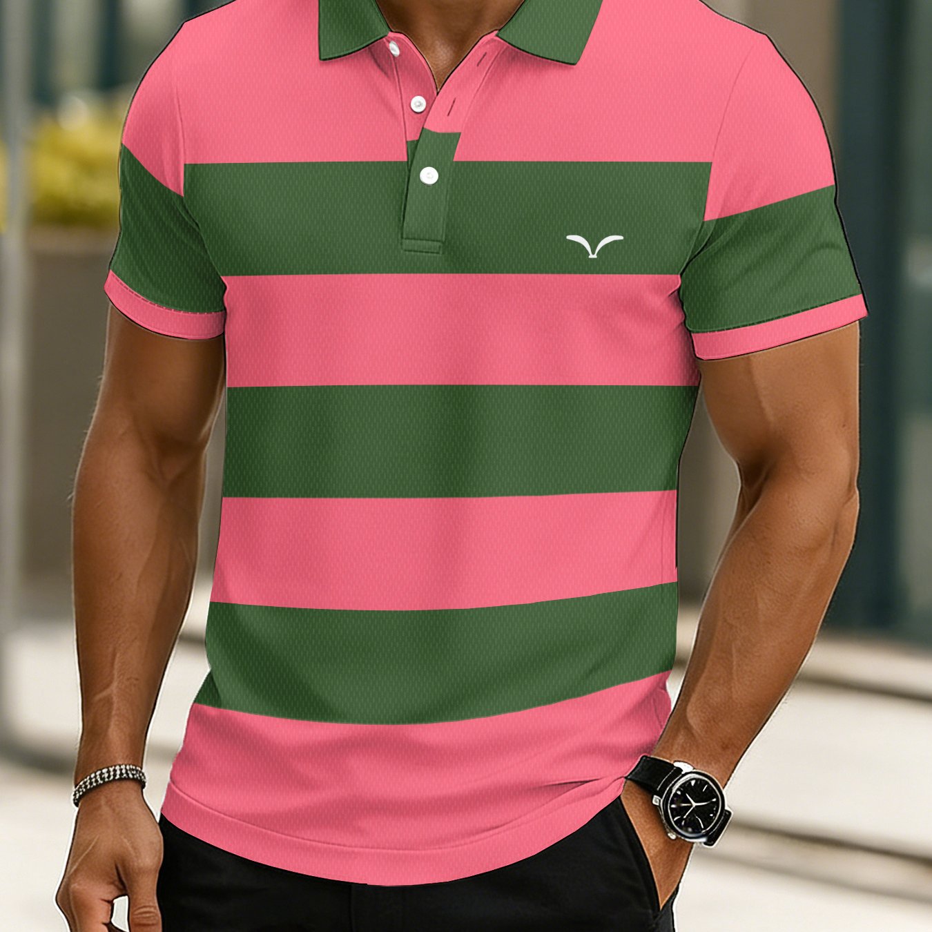 TEMU Print Design-not Textured]2026 Summer 's Plus Size Shirt, Fashion Golf Shirt Men's , Casual Striped Pattern, Striped Design, Short Sleeve Shirt
