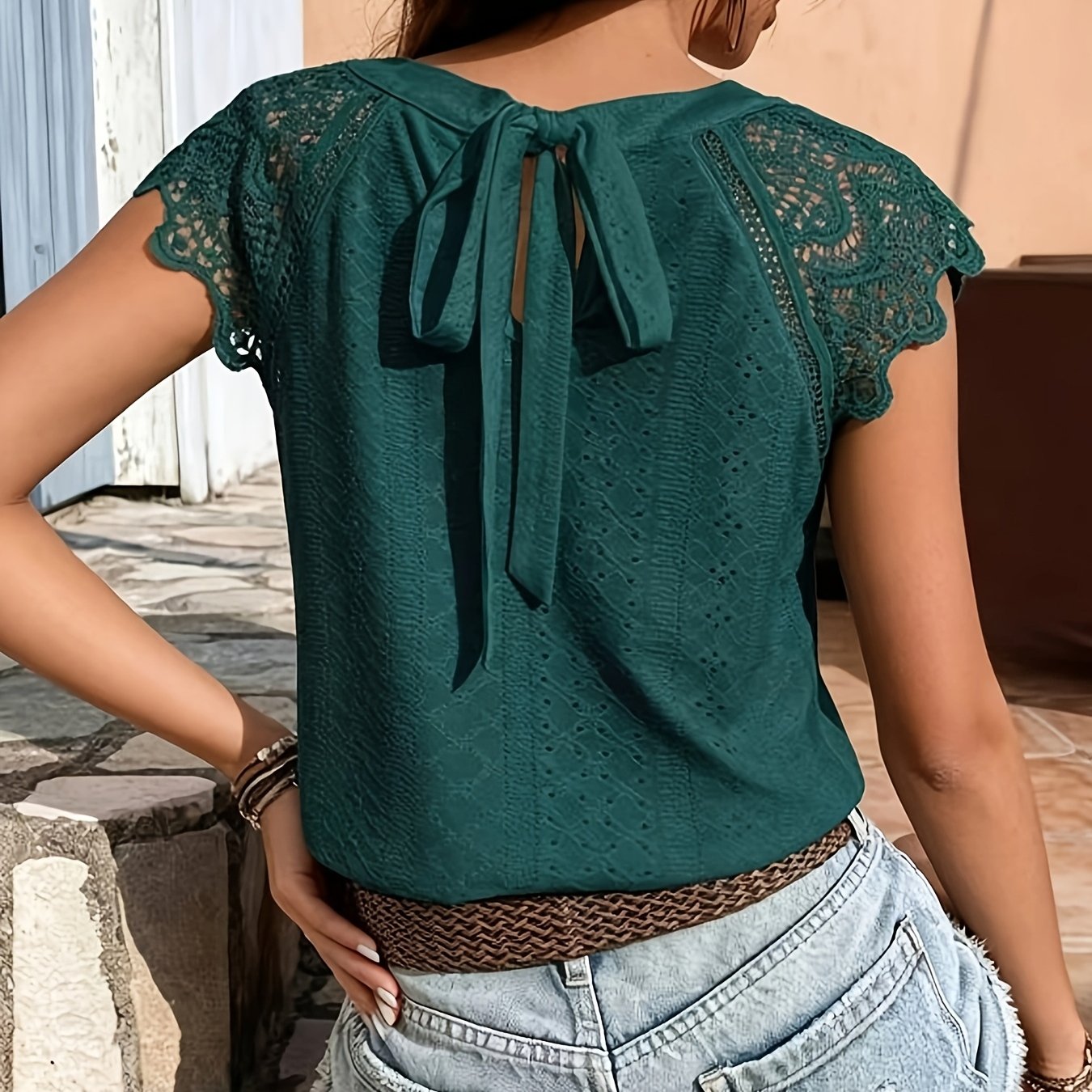 TEMU Haut à Manches Courtes pour Femmes | Col Rond Décontracté, Couleur Unie, Longueur Standard, Détails d'Été à Lacets