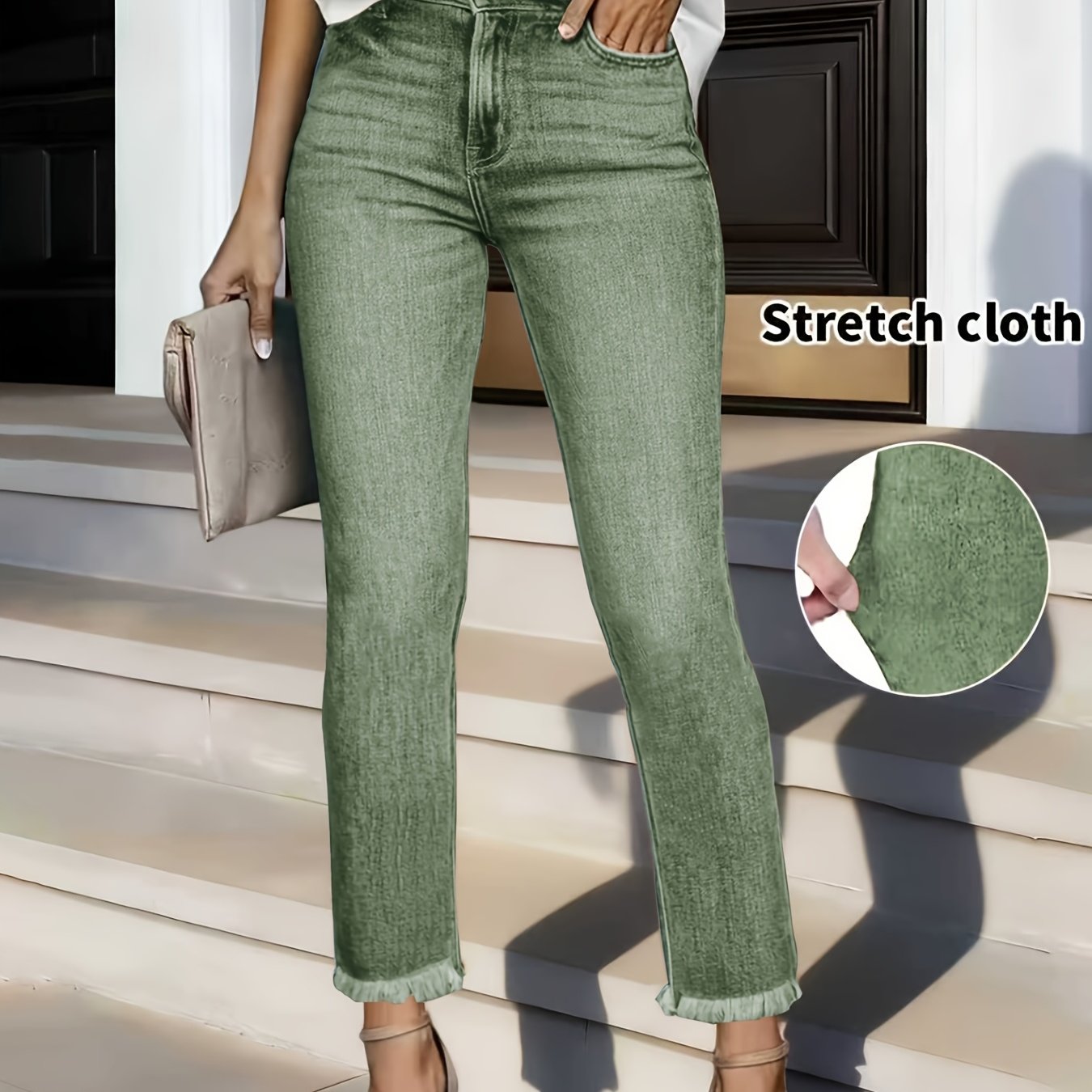 Image of Women's Straight-leg Fringe Pants - Military Green Washed With Fringe Hem, , Straight-tube Casual All- Wear Suitable For Dates, Work, Travel & Everyday - Machine Washable Jeans