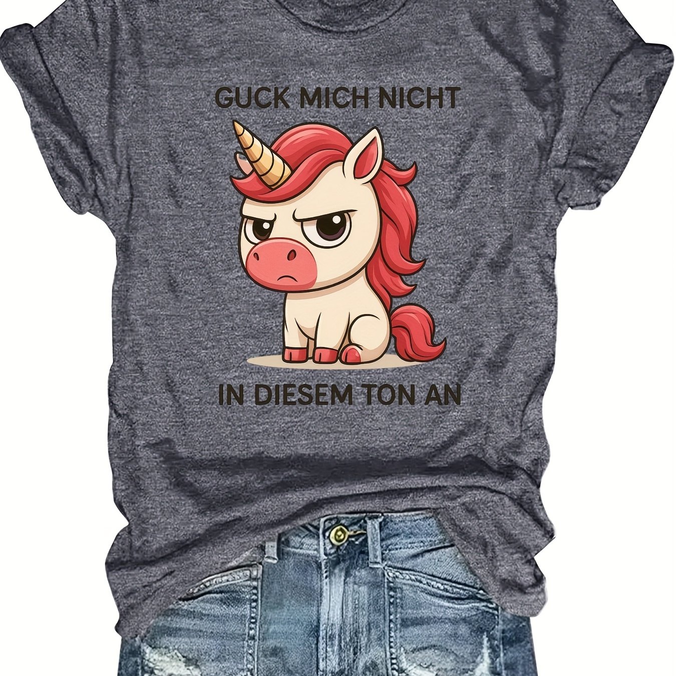 TEMU Women's Casual Crew Neck T-shirt With Unicorn Print, Soft Polyester Fabric, Short Sleeve, Round Neck, , Casual Wear | Print Top | , Unicorn T