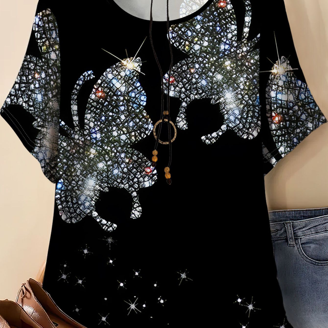 TEMU Plus Size Women's Round Neck Print T-shirt, Summer Loose Fit Short Sleeve Top, Tee