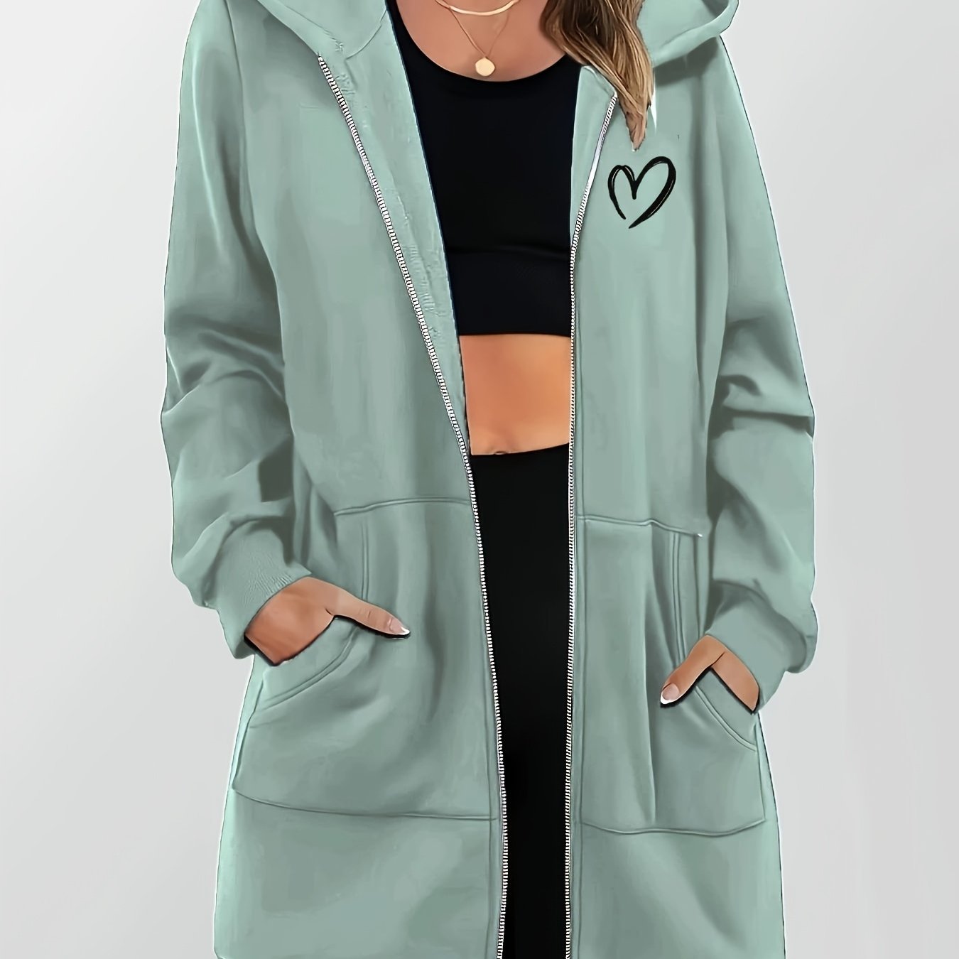 TEMU Women's Hooded Zip-up Sweatshirt With Heart Print, A Versatile And Casual Zip Cardigan Top