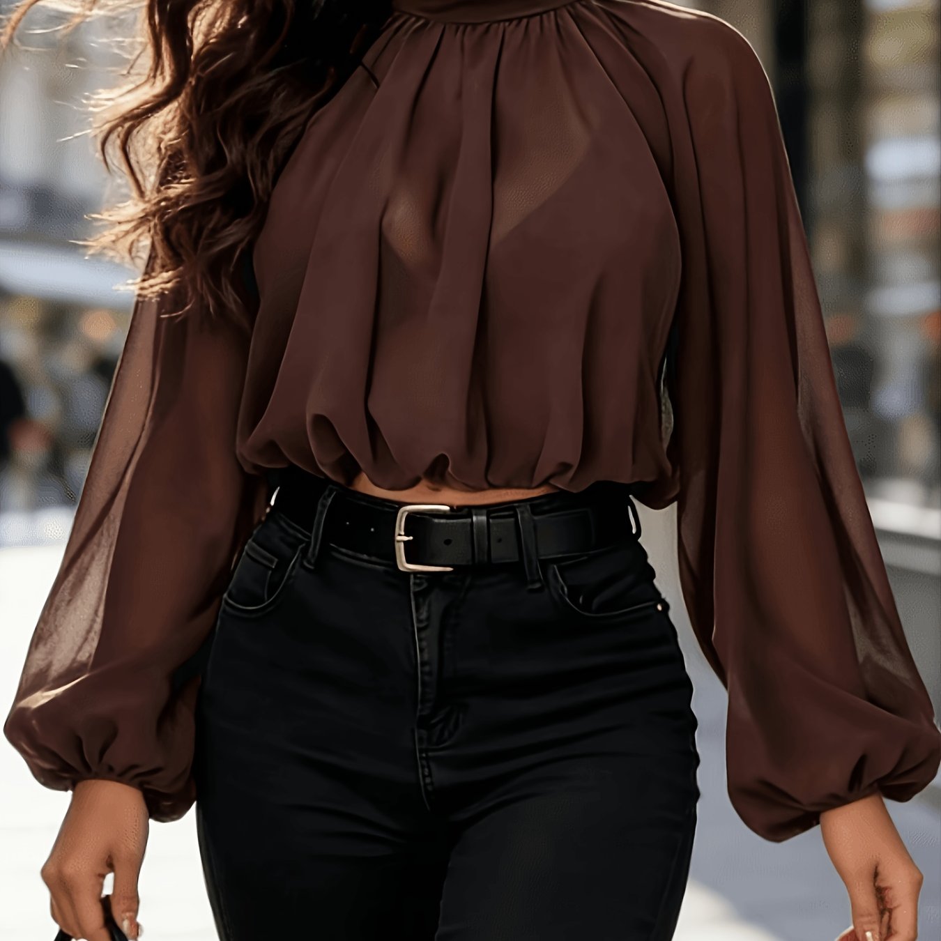 TEMU Principios de Otoño Mujer Elegante Blusa de Gasa de Larga Ropa Casual Festiva Color Sólido Blusa de Gasa para Mujer
