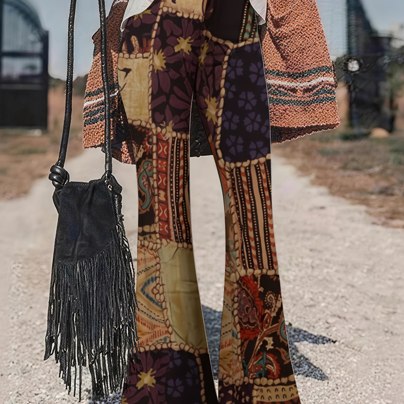 TEMU Pantaloni a d'elefante a larga boh矇mien da donna, pantaloni a larga a vita con stampa vintage, pantaloni hippie boh矇mien casual e fluidi, adatti