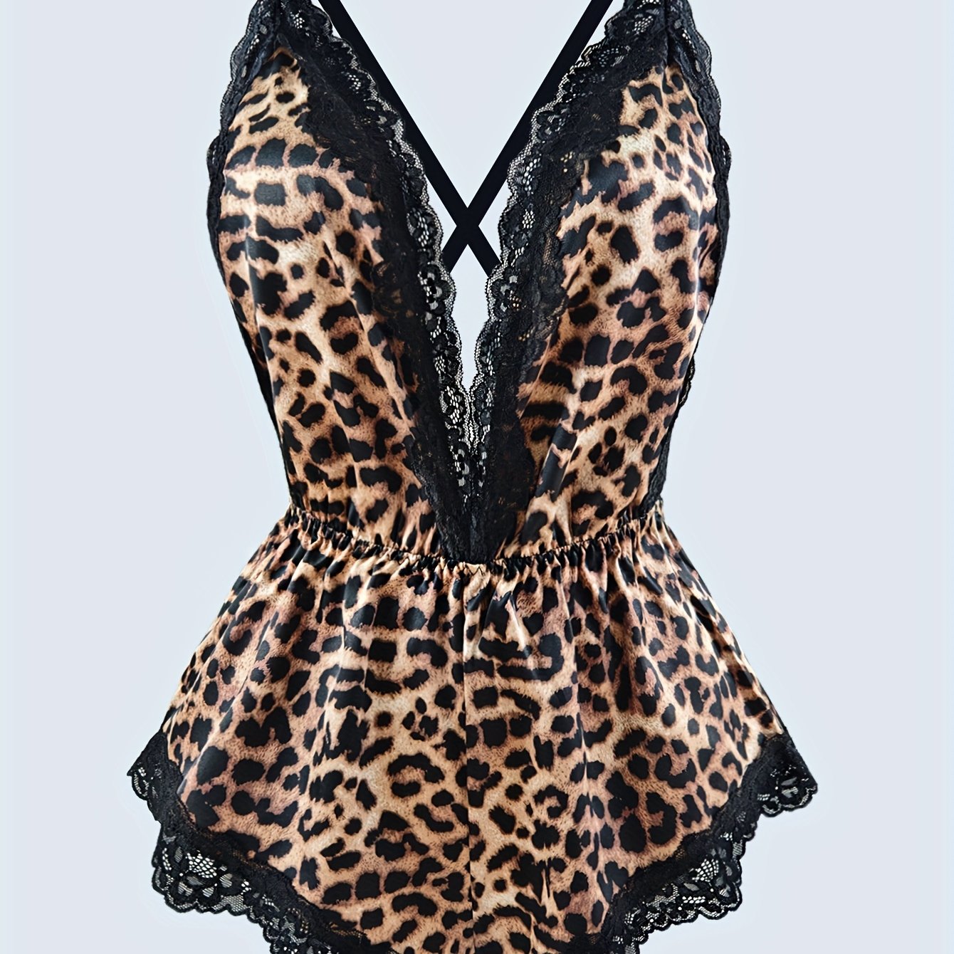 E-shop Einfarbige Satin- & Spitzen--Schlafbekleidung, Neckholder-Body mit tiefem V-Ausschnitt Kreuzbindung, lockerer & bequemer Damen-Pyjama für alle