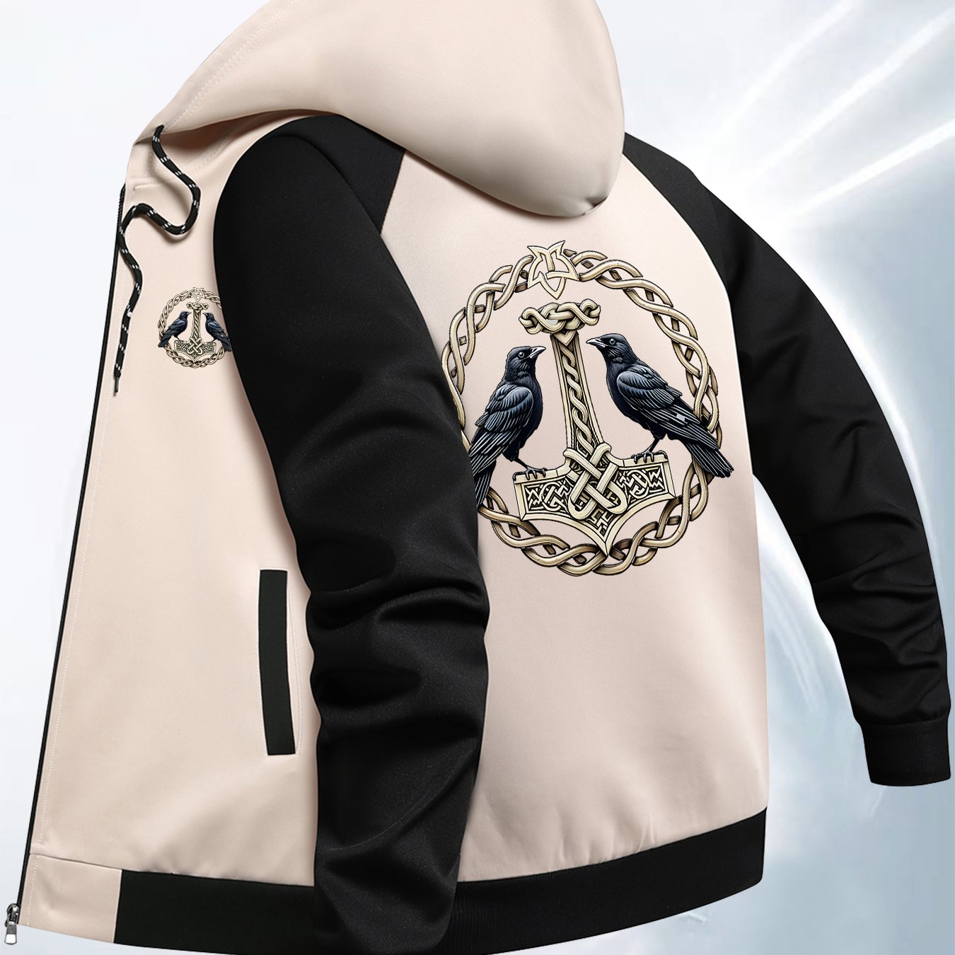 TEMU Men's Fashion Casual Color-block Hooded Jacket, Nordic Mythology Mjolnir And Pattern Outerwear, Comfortable Fabric With Pockets Men's Casual