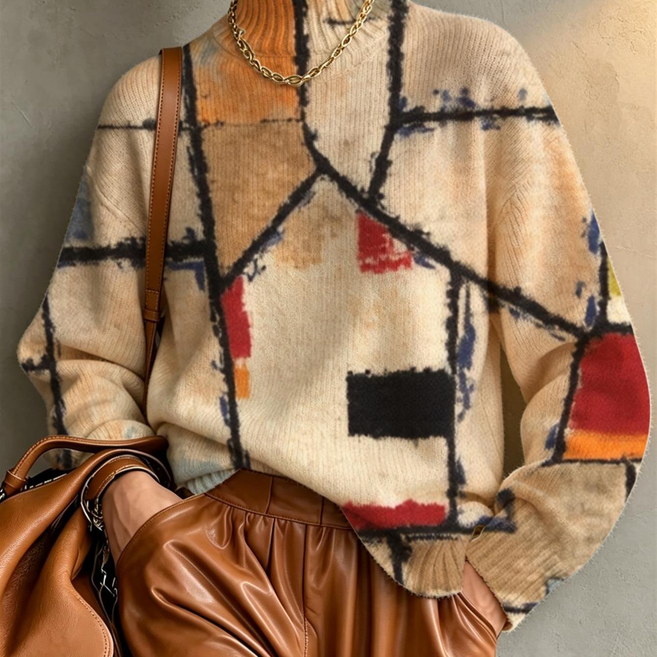 TEMU Pull épais à manches longues et col pour femmes, imprimé intégral, motif géométrique moderne avec des de délavés et des noirs , pull décontracté