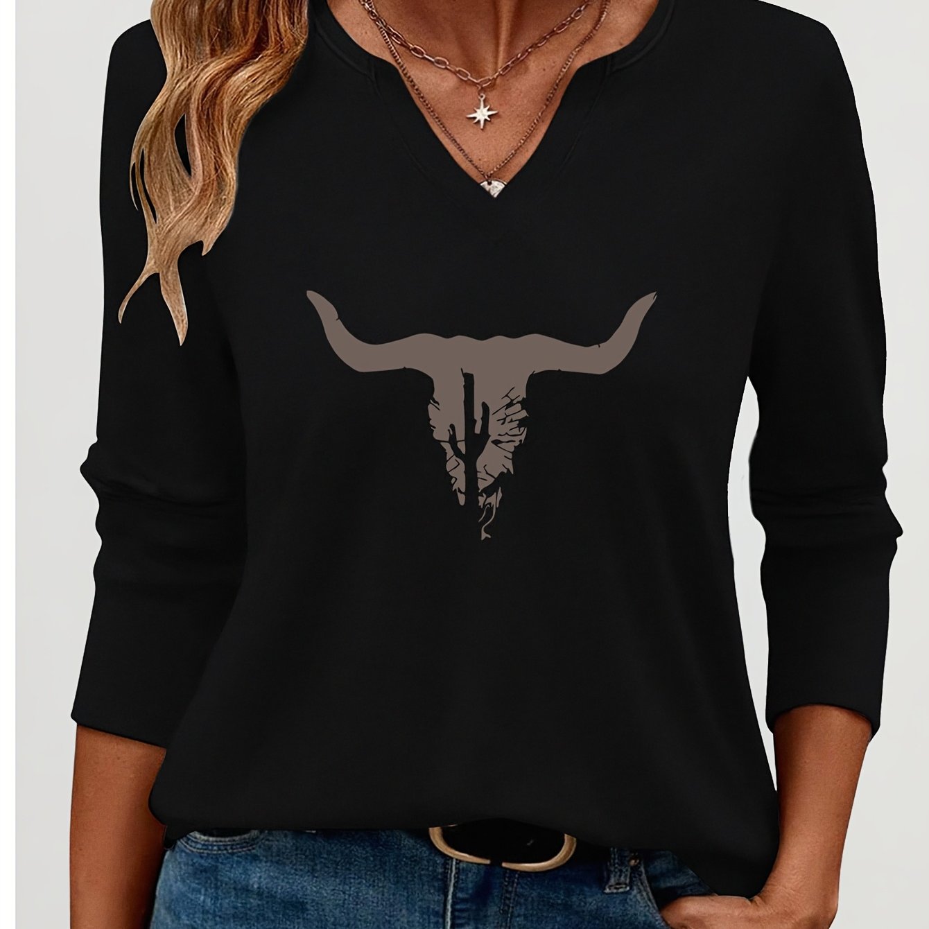TEMU Western- Skull Print V-neck Three-quarter Sleeve T-shirt, Loose Fit Casual Top, Breathable And Comfortable, Fashionable V-neck Three-quarter