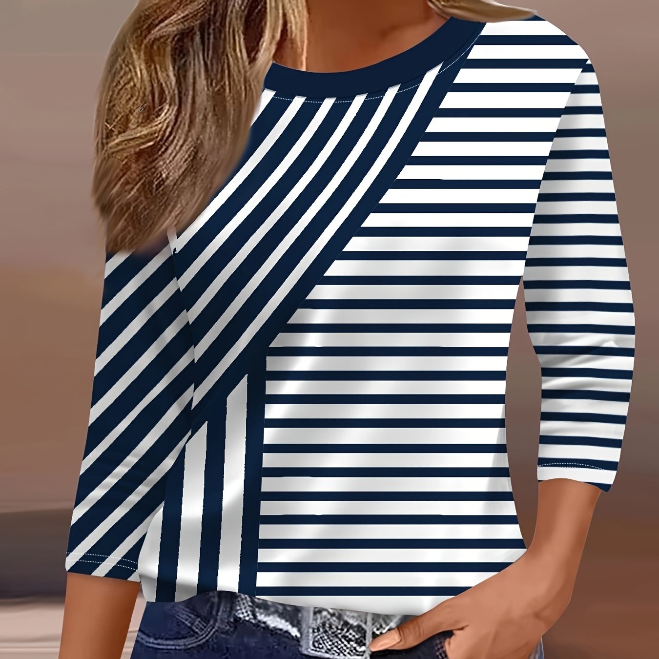 TEMU Casual Fashion Holiday Women's Regular Fit Striped All- Three-quarter Sleeve Round Neck T-shirt