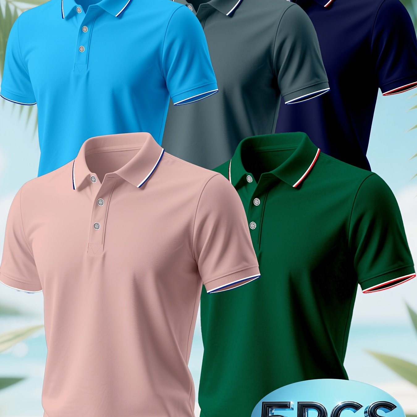 TEMU Juego de 5 polos de color liso para hombre, camisetas de manga corta con cuello de y solapa para negocios casuales, de moda para hombre