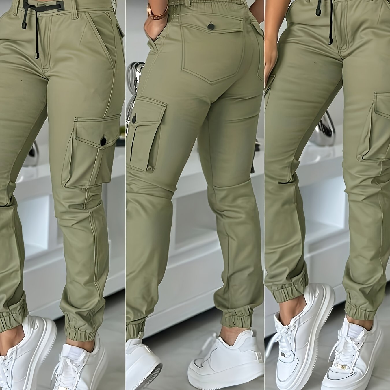 Army Green Casual Trousers With Pockets And Drawstring Waist