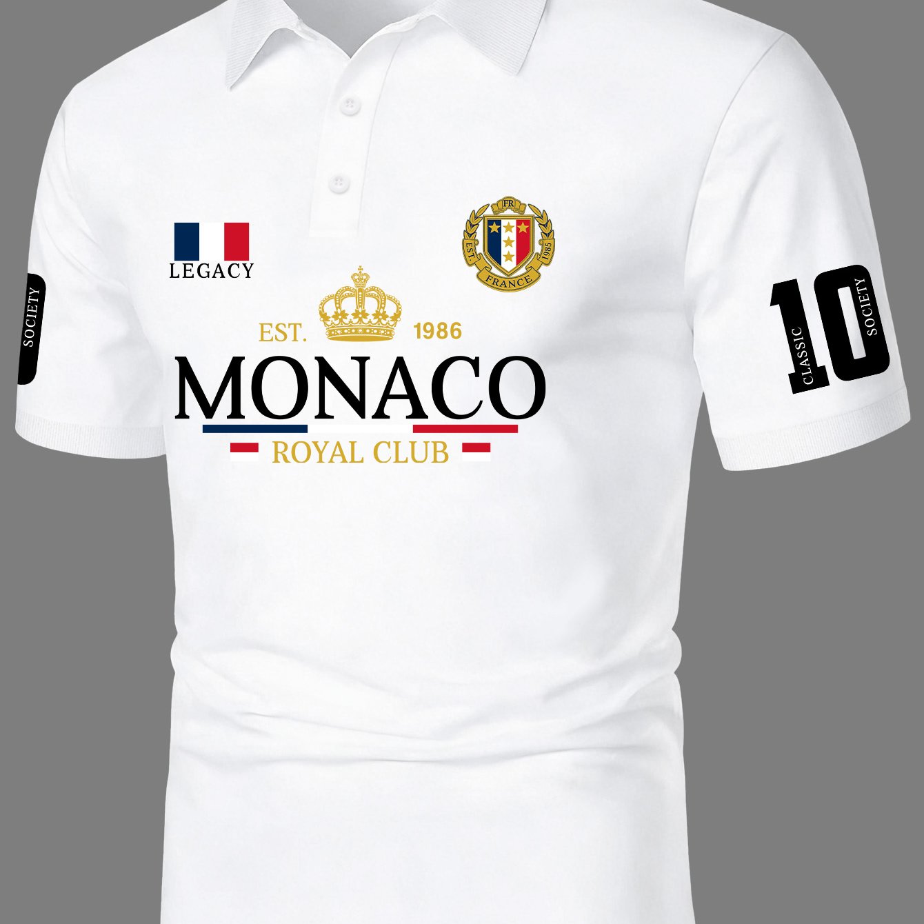 TEMU Men's Short-sleeve Shirt Featuring A Style With Monaco Lettering And A Crown Badge Print