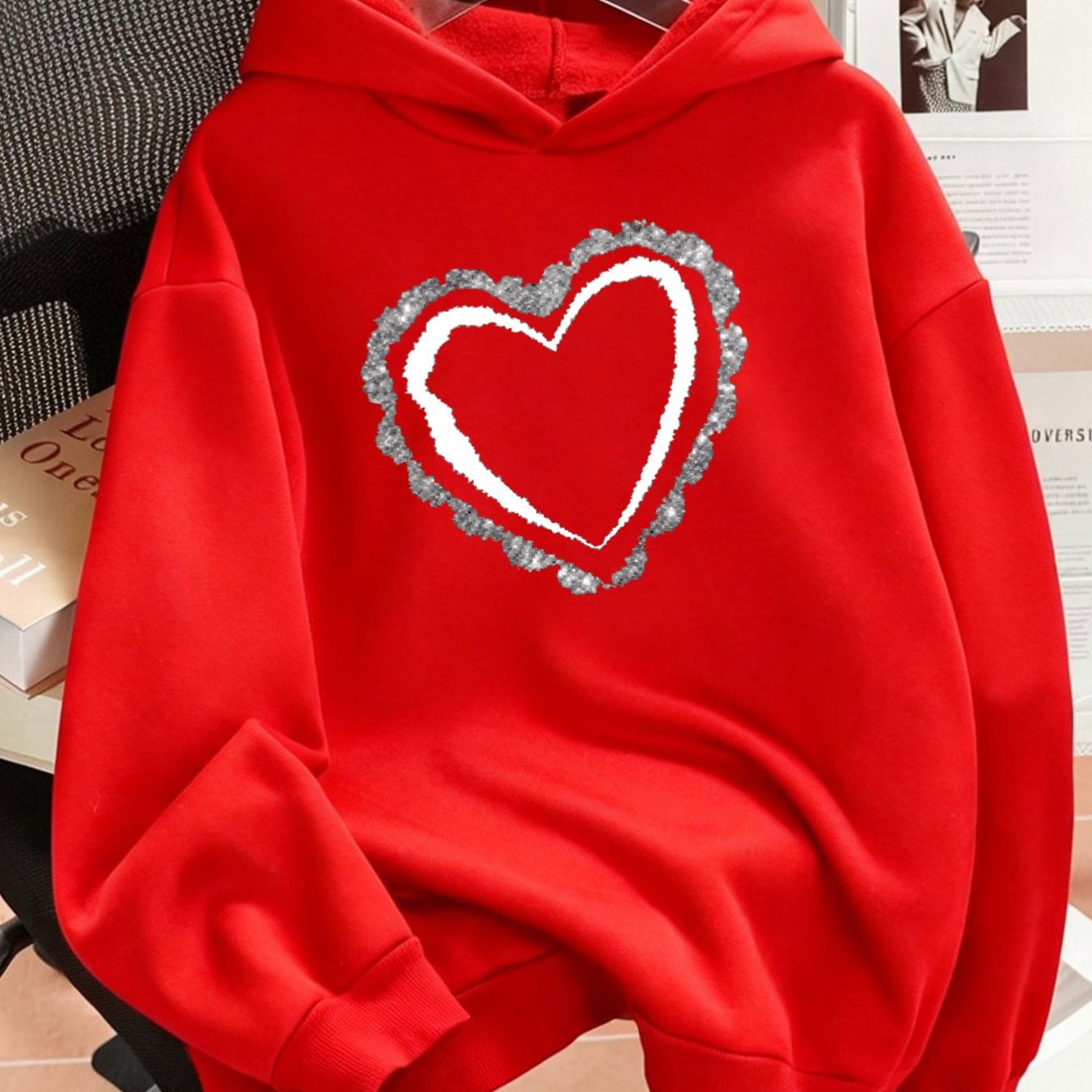 TEMU Plus Size 1pc Fashion Women's Autumn/winter Warm Hooded Sweatshirt, Elegant Y2k Style Heart Pattern With Shiny Decorative Print, -lined Hooded